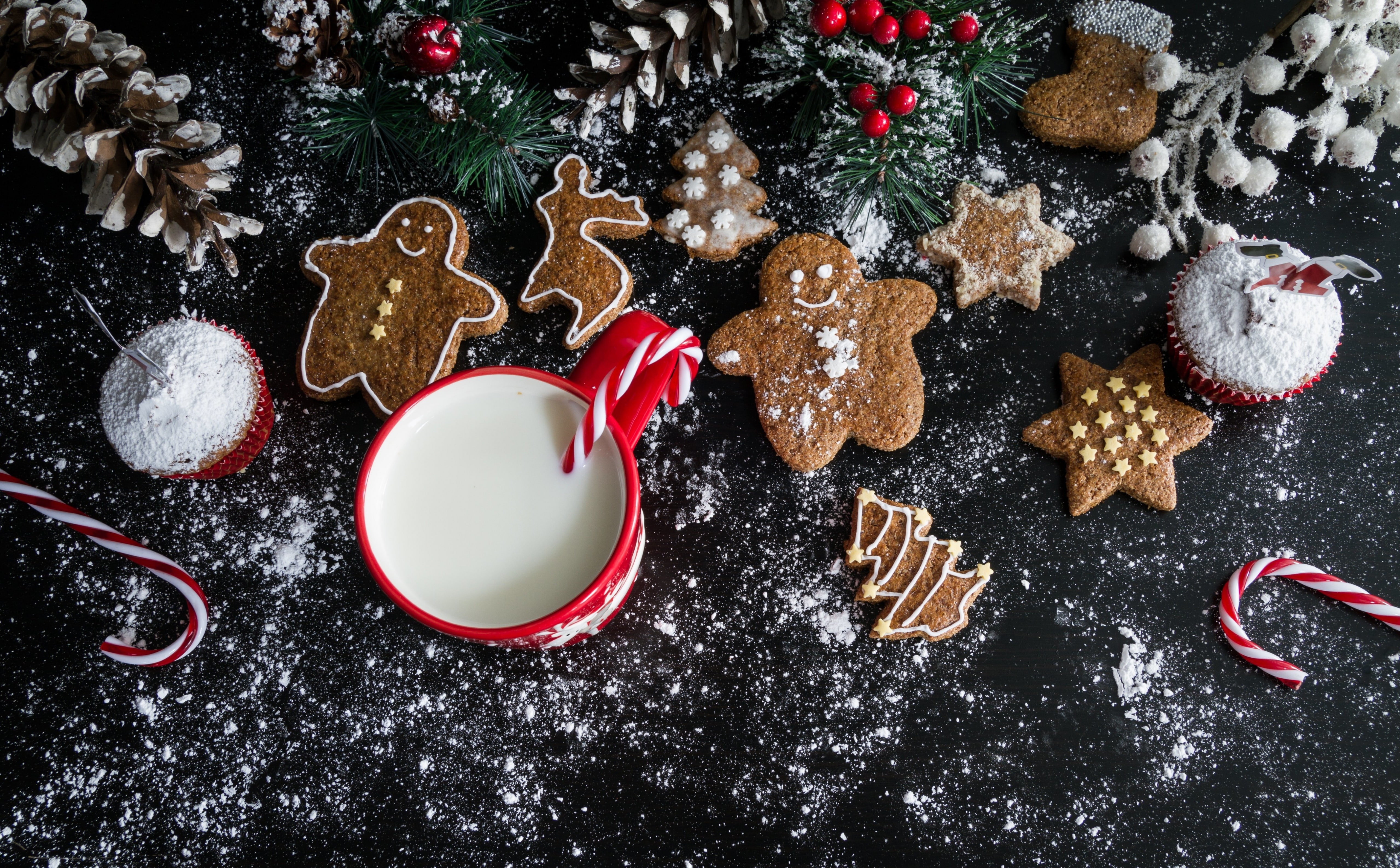 Christmas Gingerbread Cookies and Milk Holidays Winter Background 2k 4k 5k