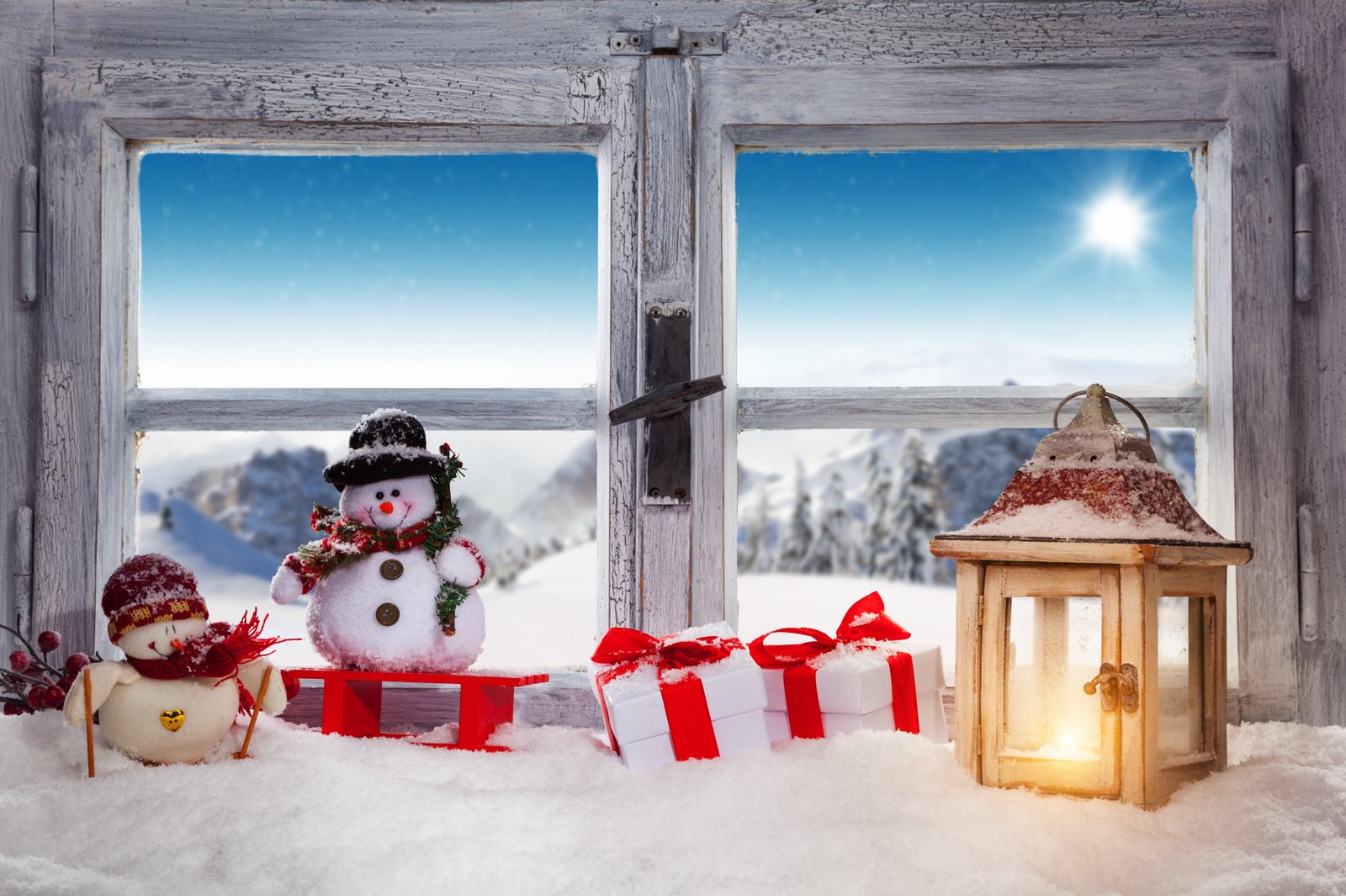 two snowmen decors winter decoration New Year window Christmas 2k 4k 5k