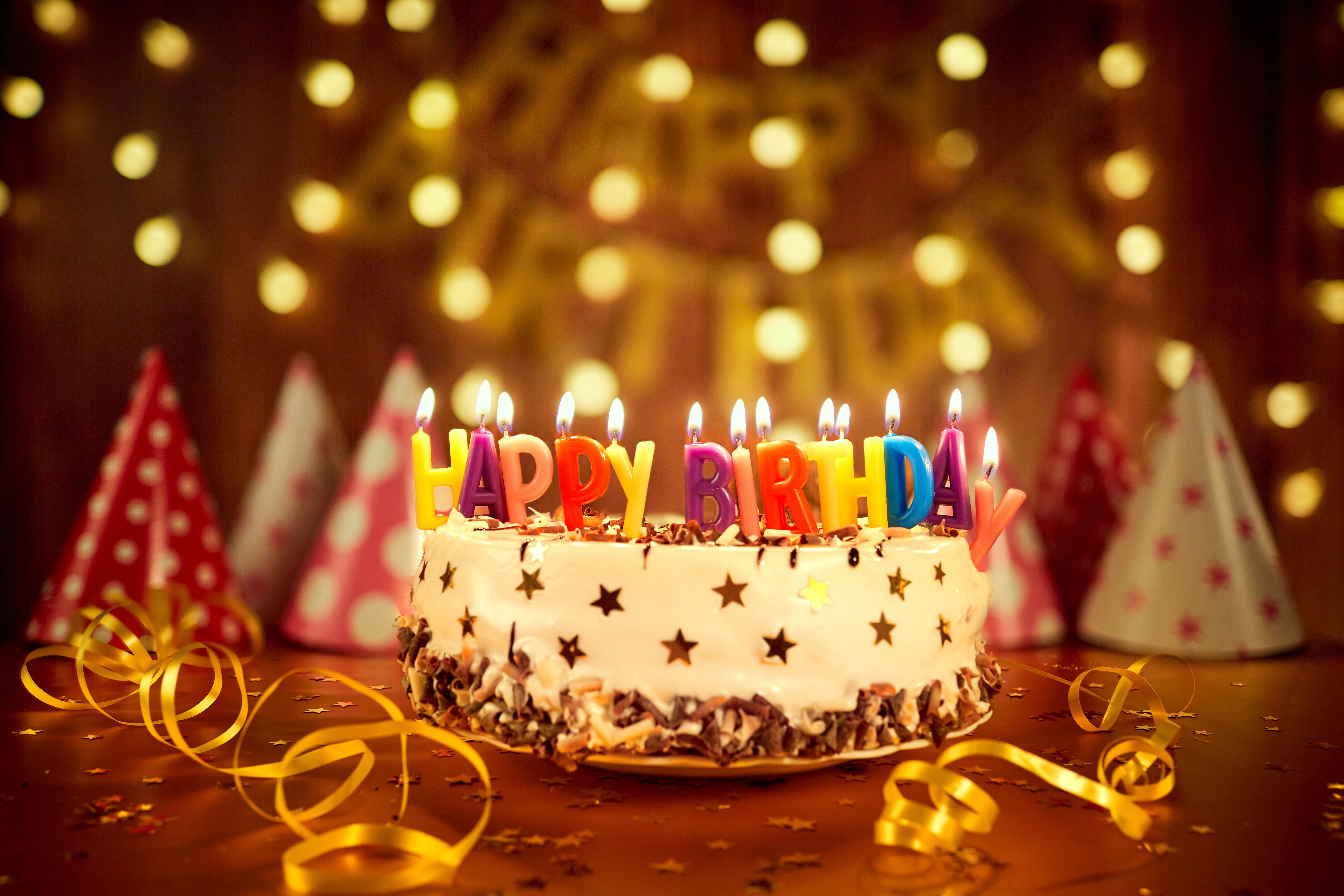 white and brown cake candles bokeh decoration Happy Birthday 2k 4k 5k