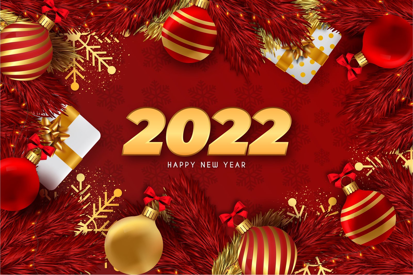 balls snowflakes branches Christmas gifts New year red background 2k 4k 5k
