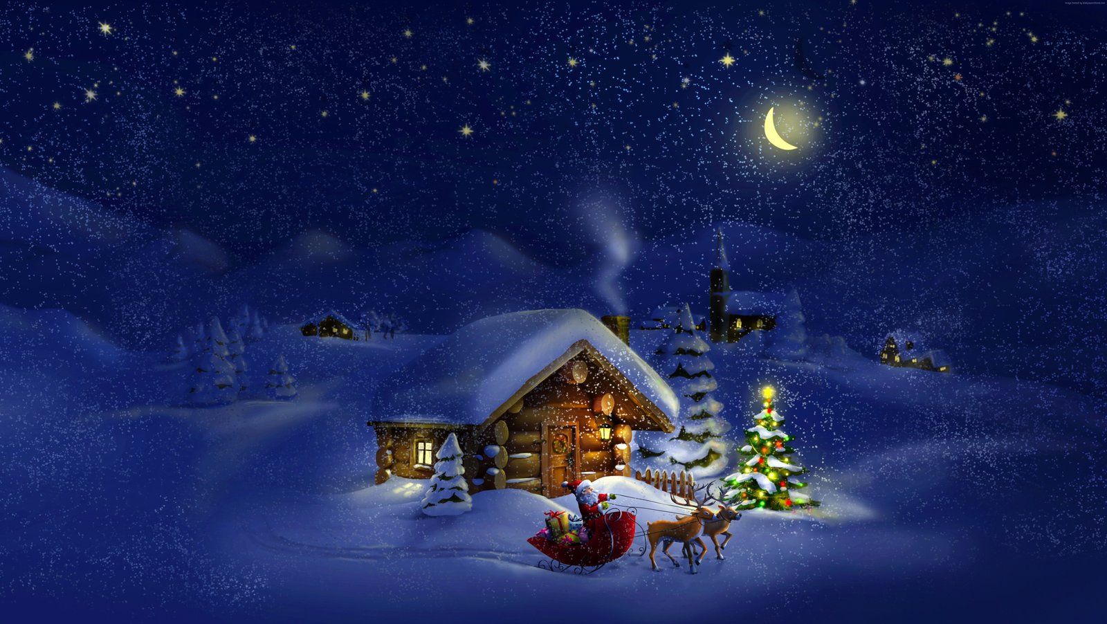 house night Santa New Year Christmas deer snow winter 2k 4k 5k