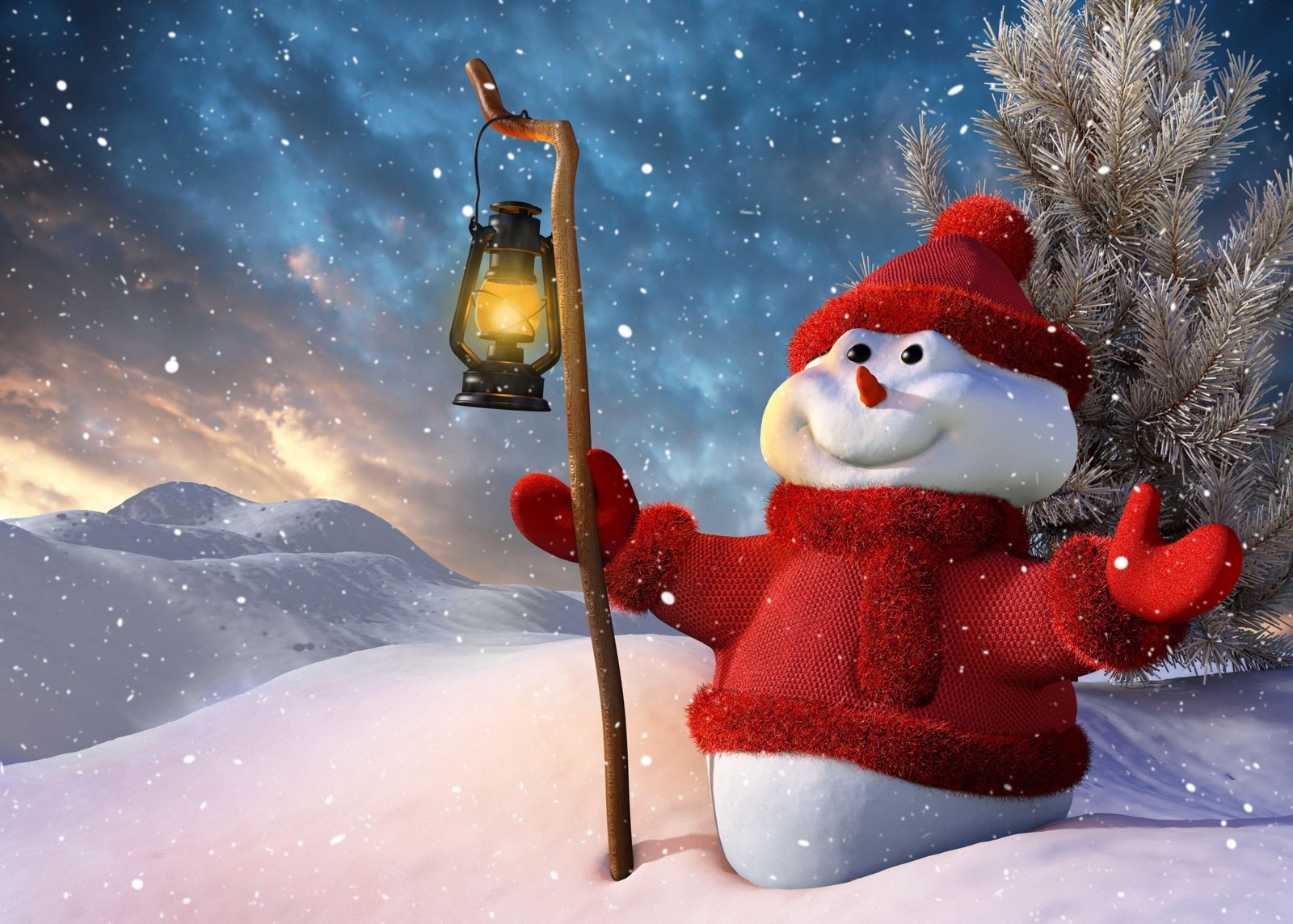 snowman illustration new year christmas lamp tree smiling 2k 4k
