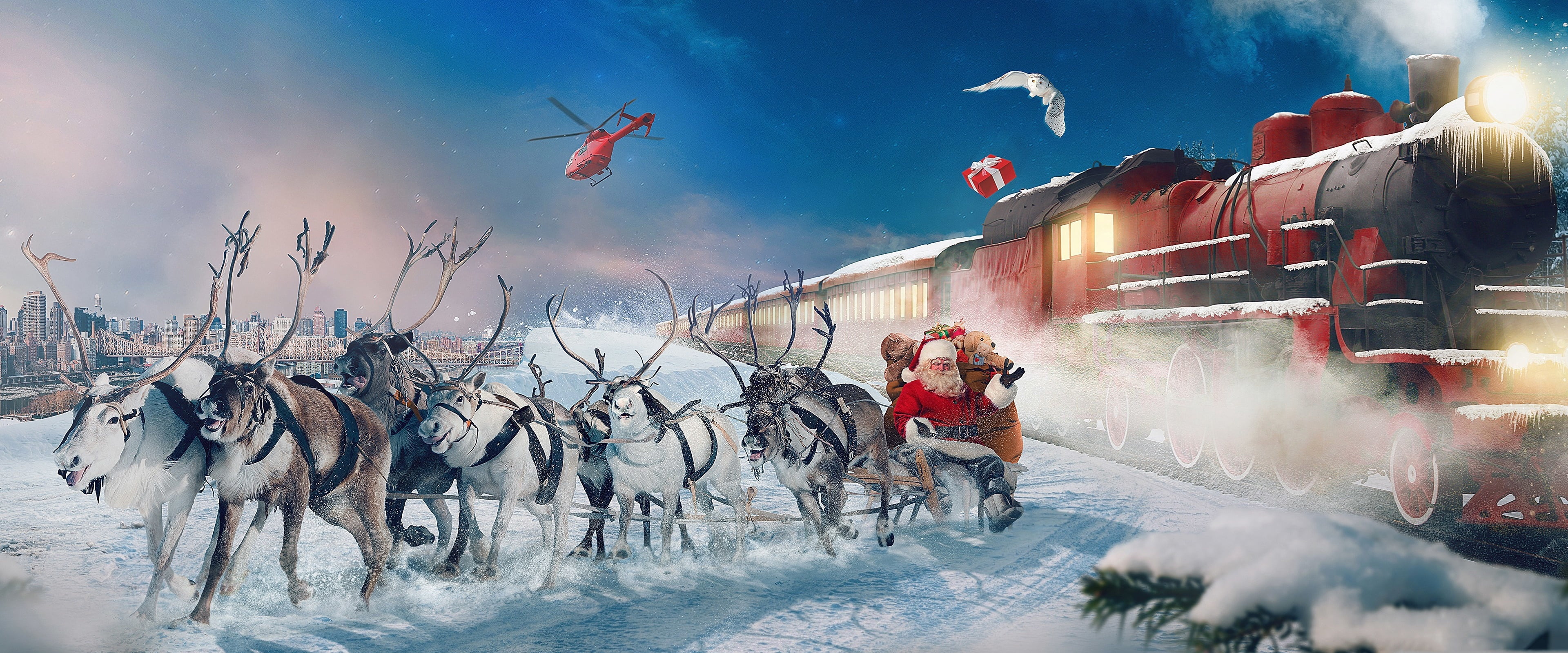 Holiday Christmas Reindeer Santa Sleigh Train Winter 2k
