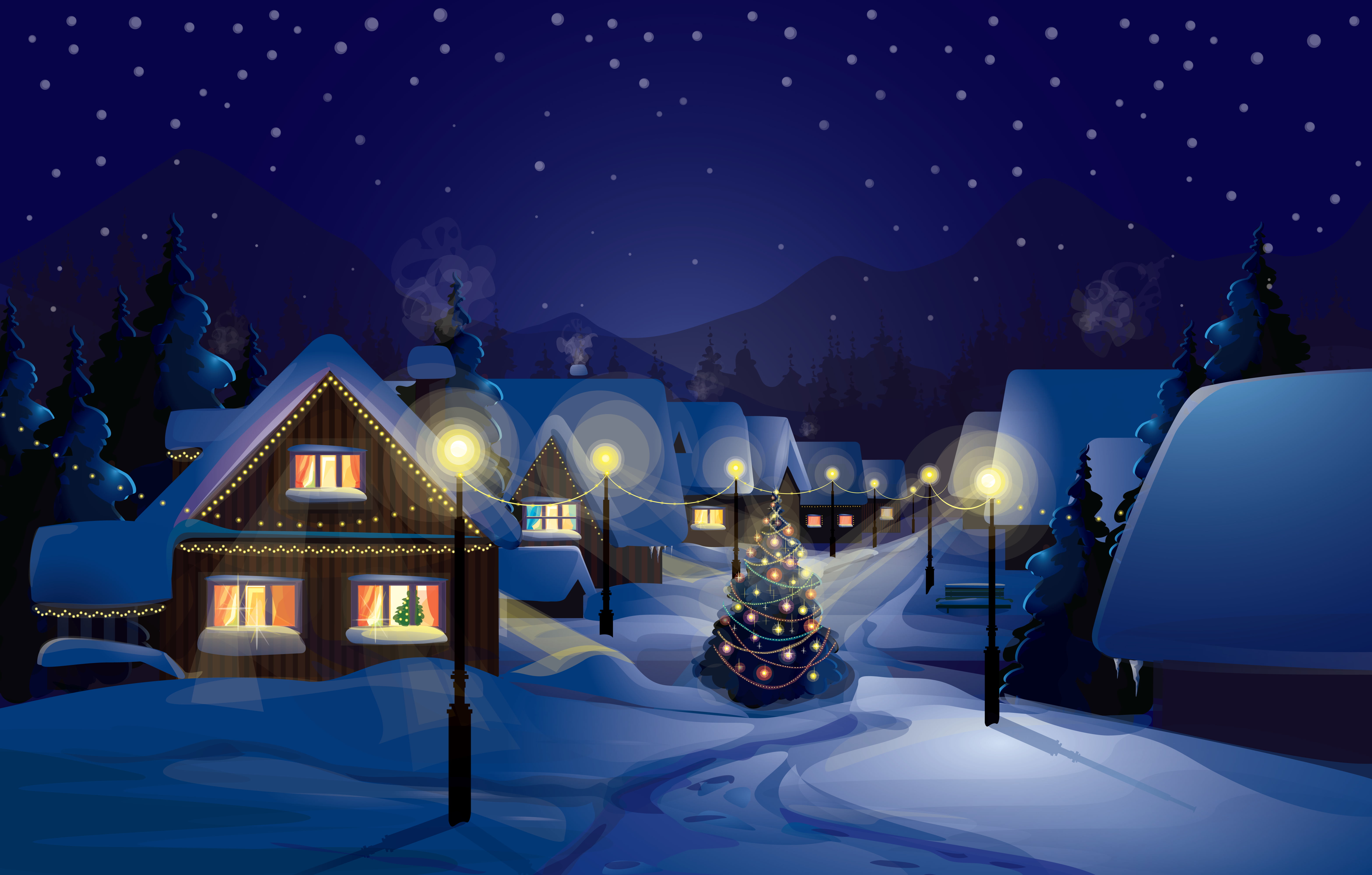 lighted town during night with Christmas tree in the middle of road clip art 2k 4k 5k