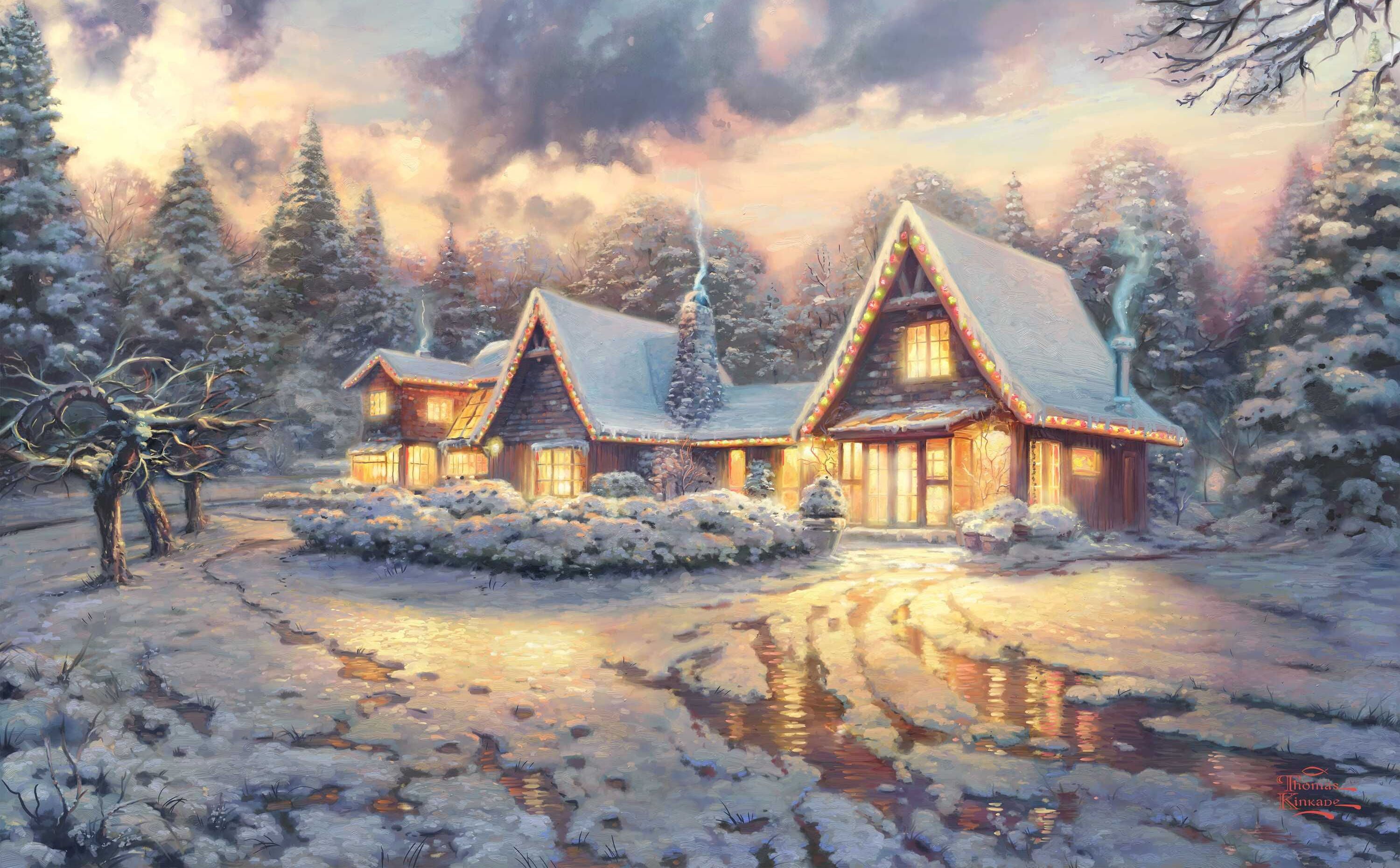 illustration of cabin covered with snow winter light clouds 2k