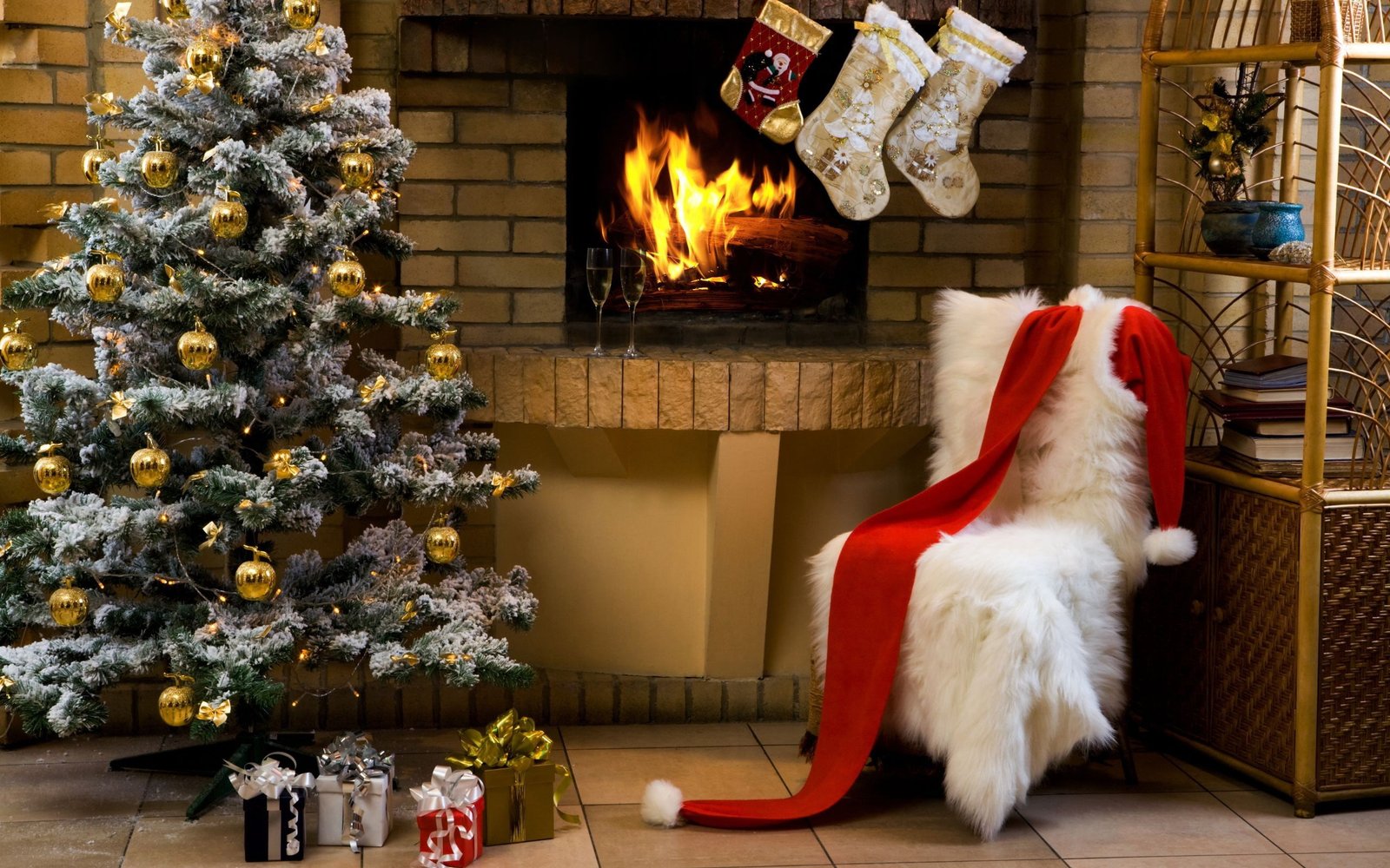 New Year Christmas tree ornaments fireplace indoors 2k
