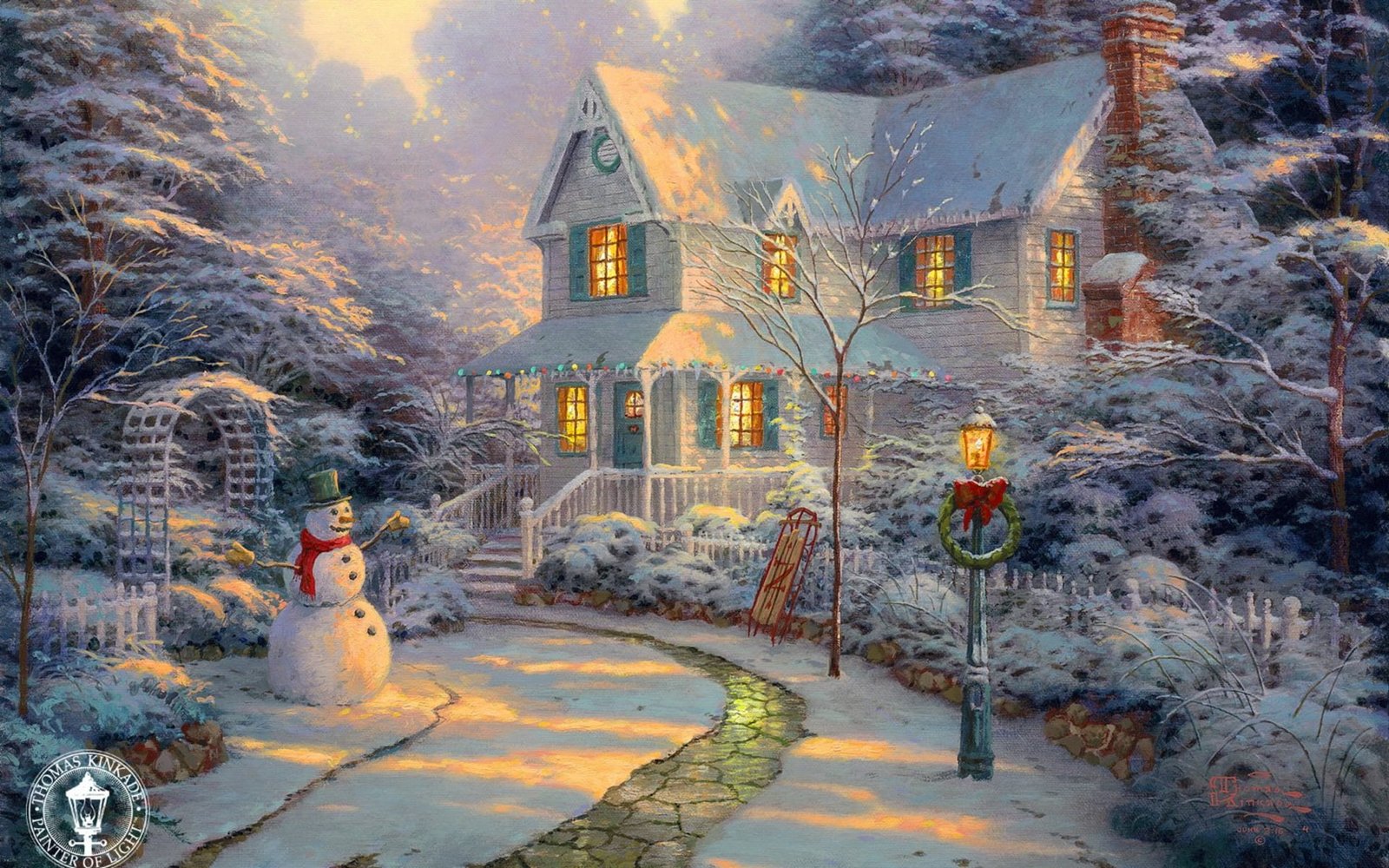 gray wooden 2 storey house sunset holiday track lantern snowman