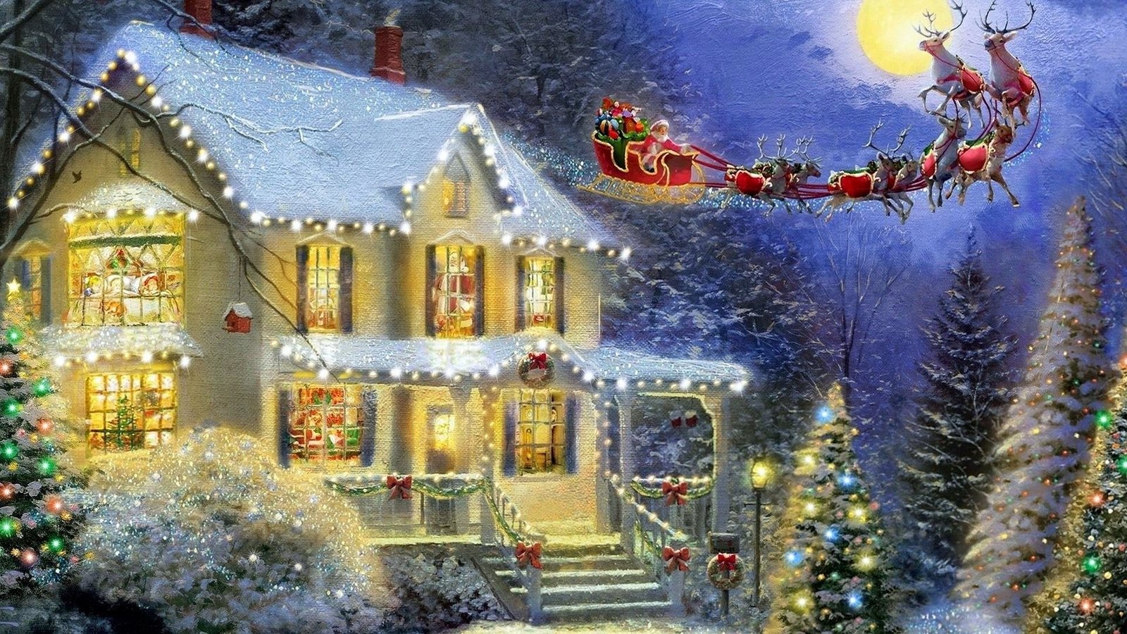 Holiday Christmas Artistic Santa Sleigh Snow Tree Winter