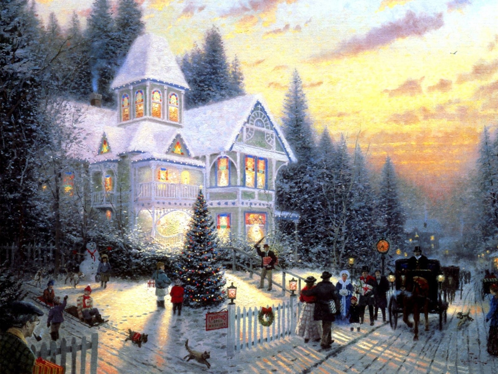 white 3 storey house painting cat children lights people