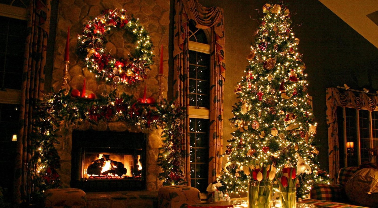 christmas tree ornaments fireplace decorations flowers home holiday comfort