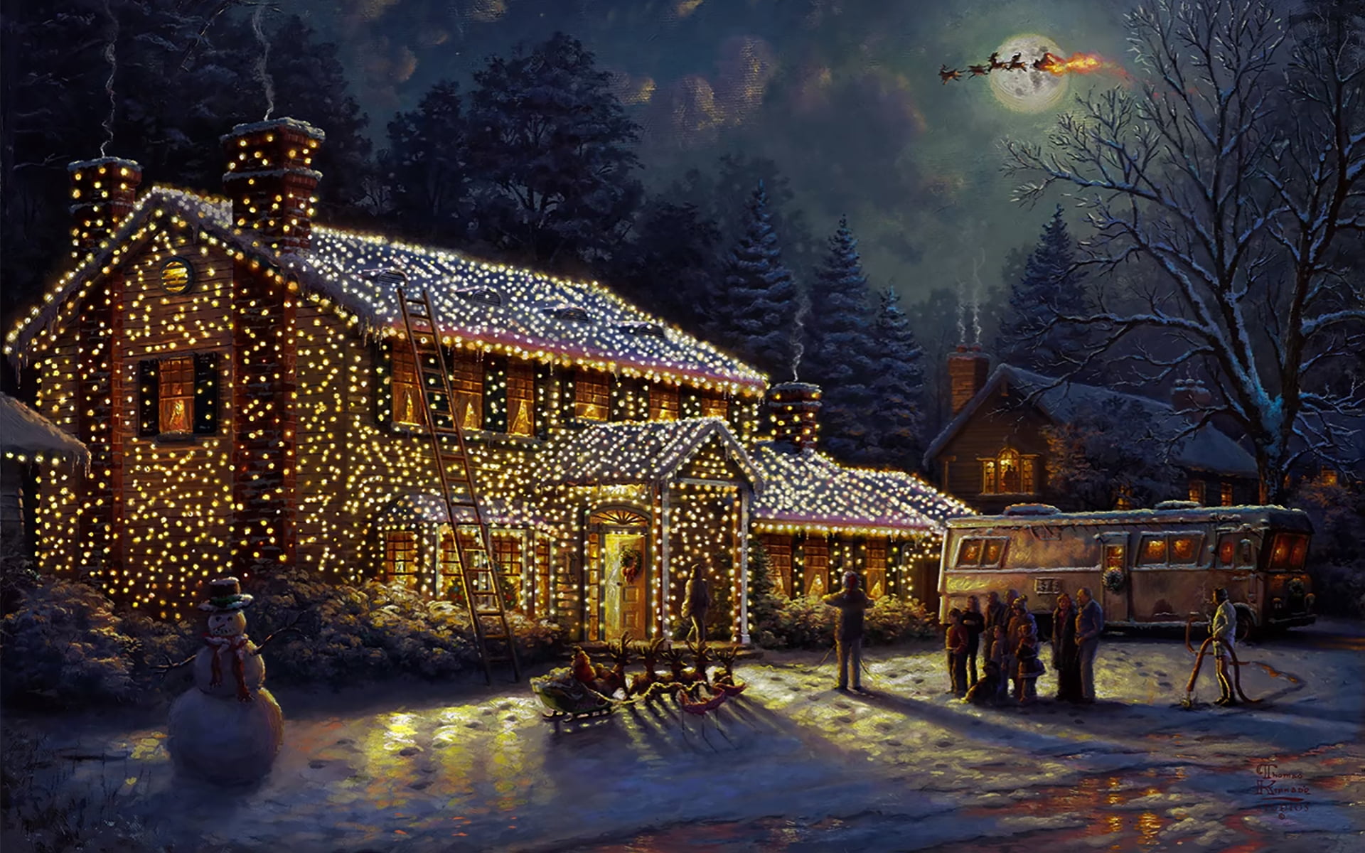 house with string lights illustration canvas oil painting Christmas