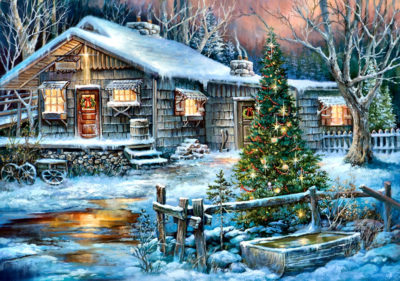 house with Christmas tree painting architecture built structure