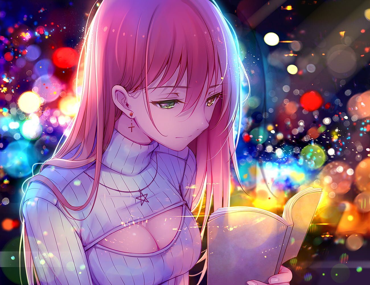 pink haired female anime character in white top
