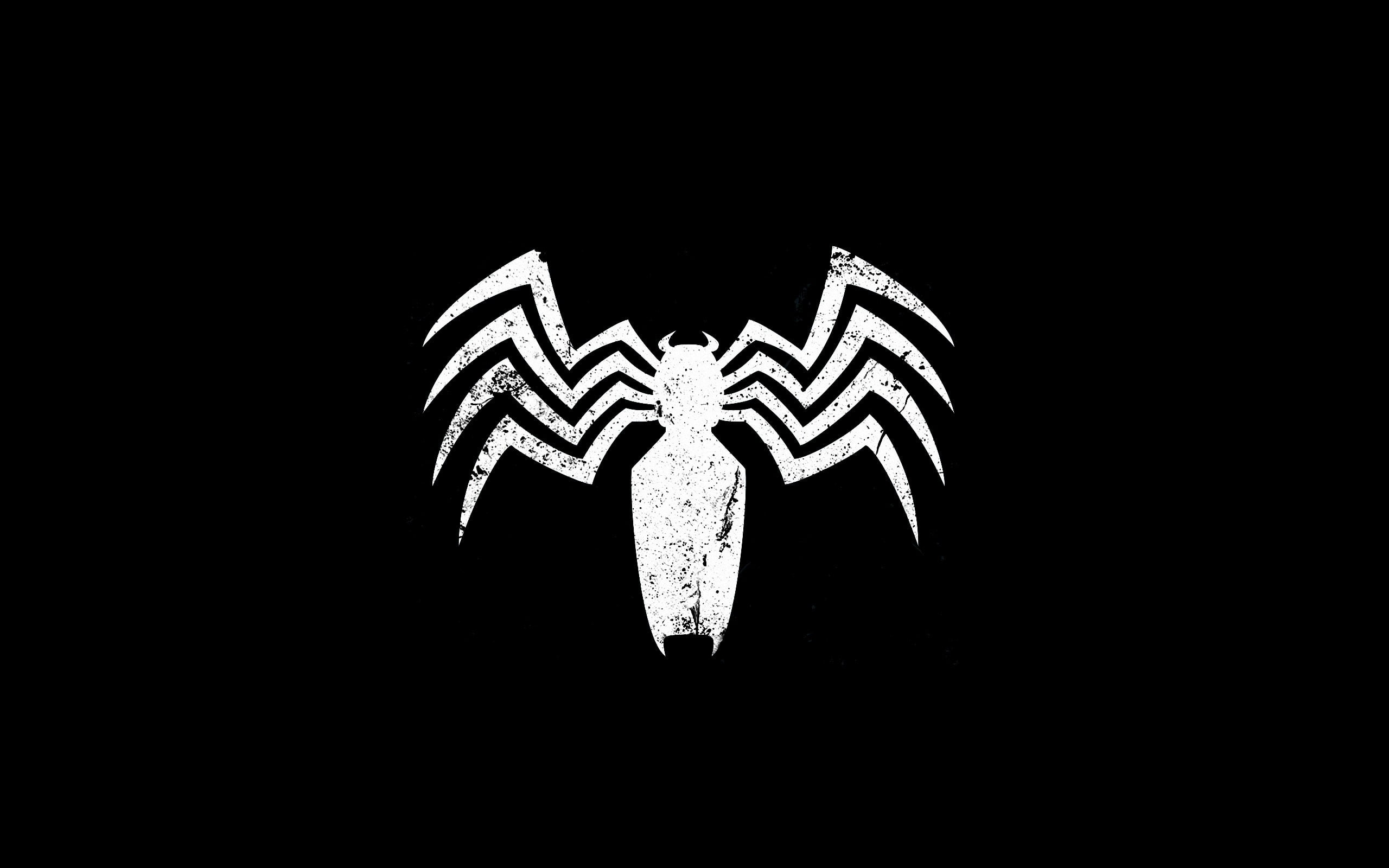 white spider logo Venom Spider Man symbols copy space black background 2k