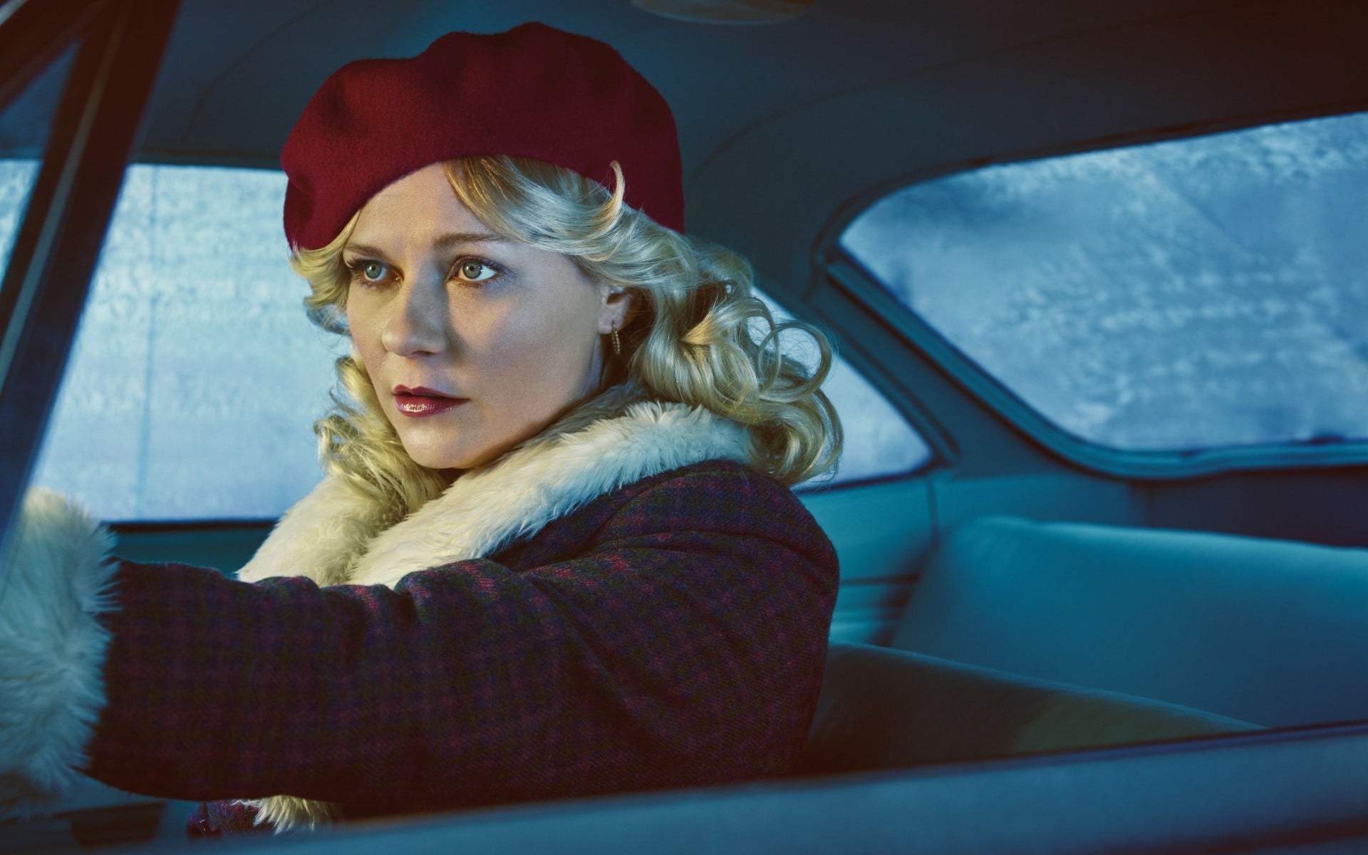 Kirsten Dunst women blonde actress red lipstick car with cars