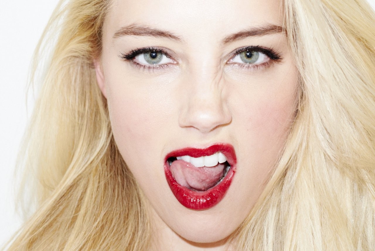 Amber Heard blonde blue eyes tongues model open mouth