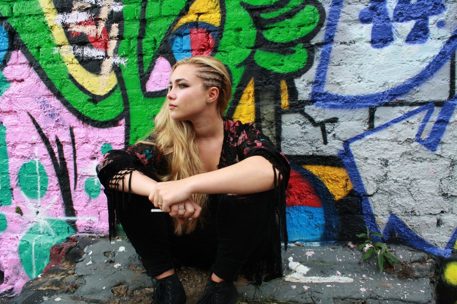 Florence Pugh women actress long hair sitting urban graffiti 35