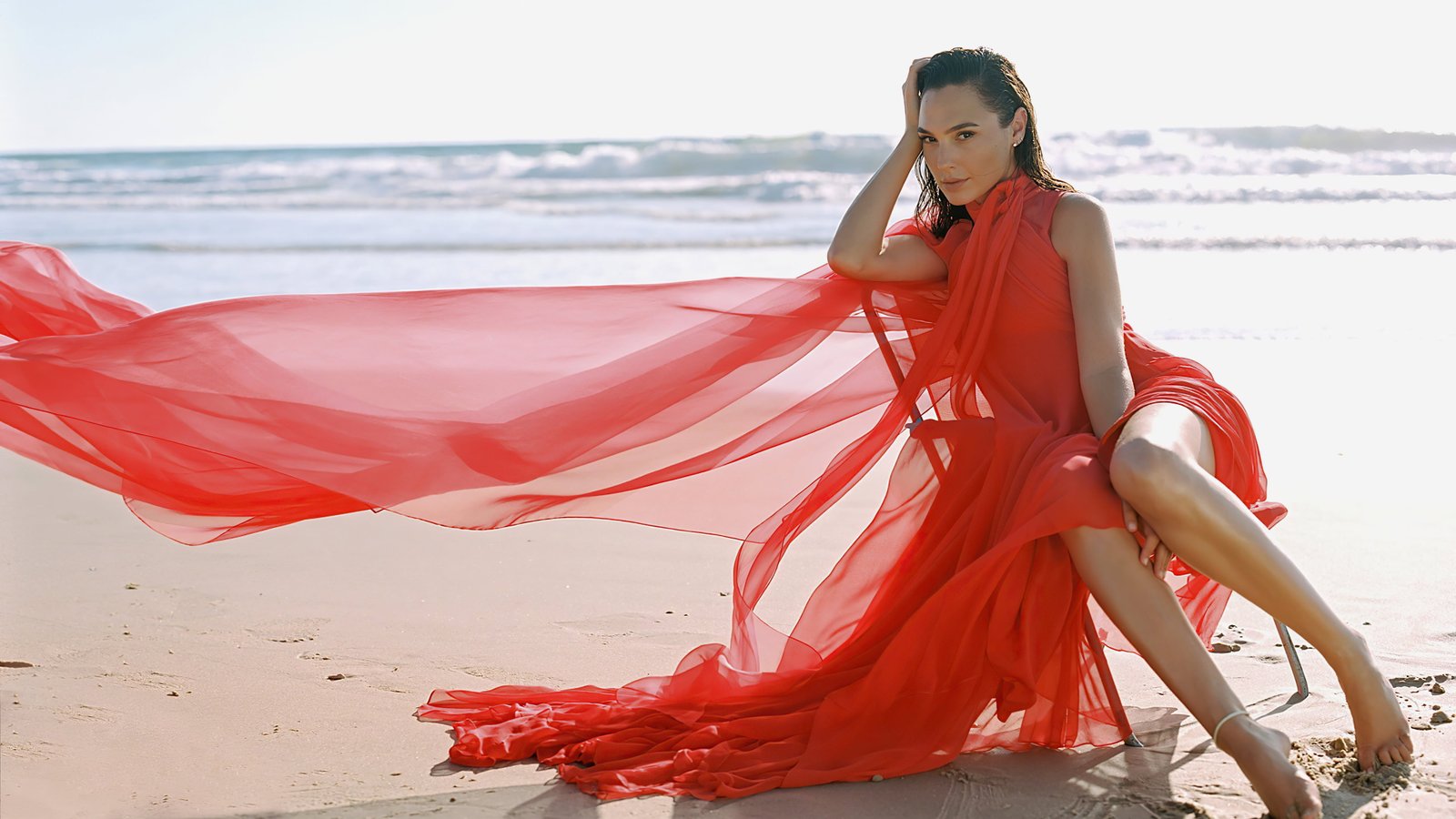 Gal Gadot actress brunette beach red dress legs looking at viewer 2k