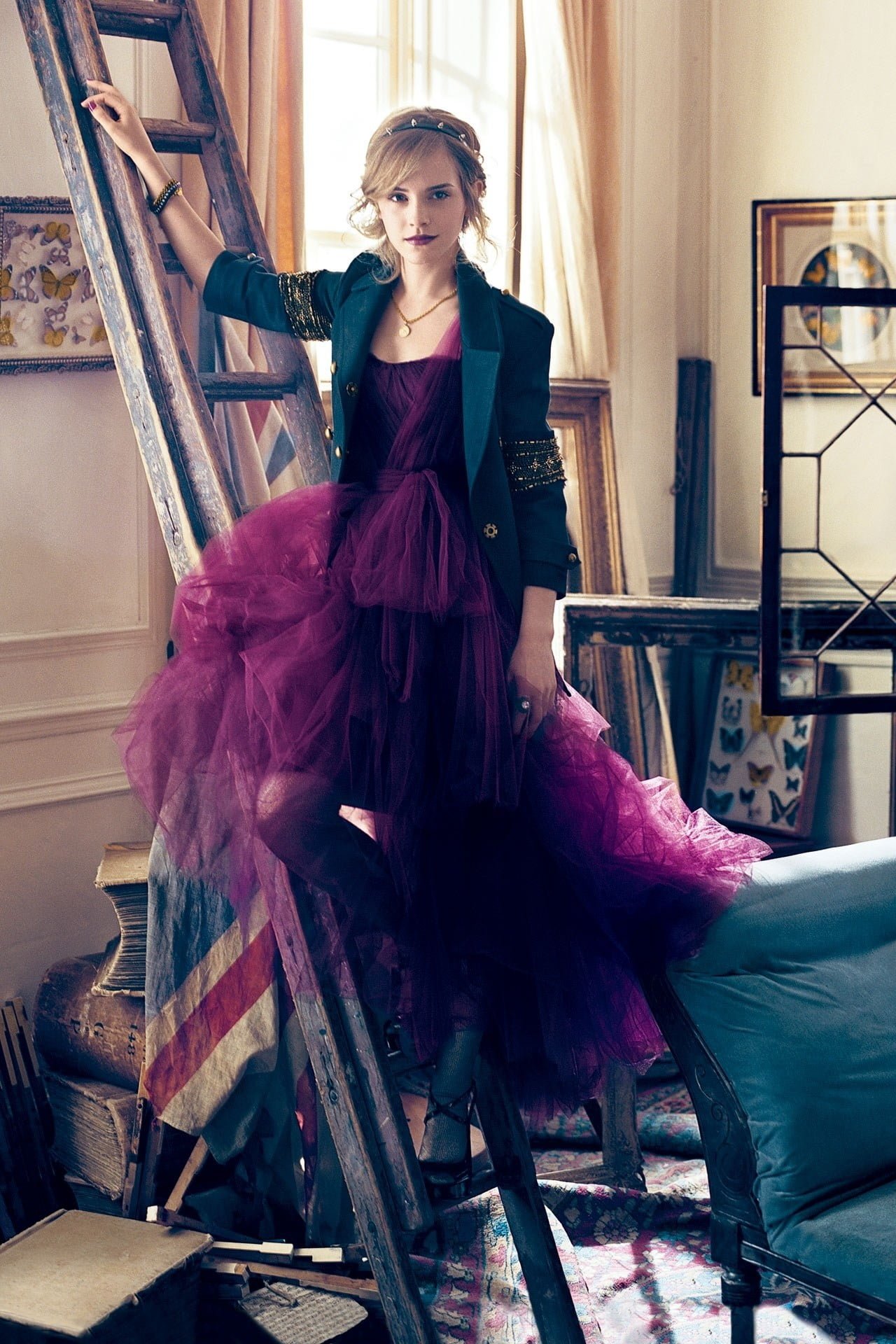 Emma Watson women actress brunette hairband purple dresses