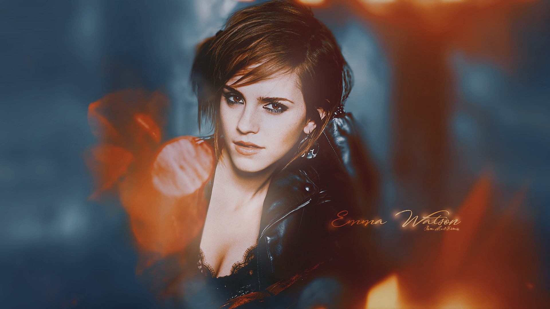 Emma Watson women bokeh brunette looking at viewer leather jackets