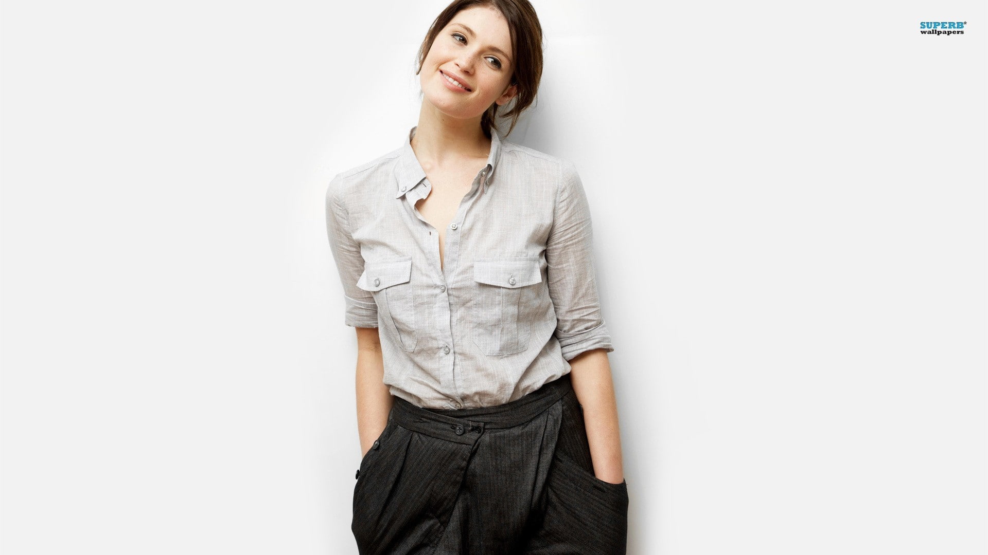 Gemma Arterton smiling women actress simple background