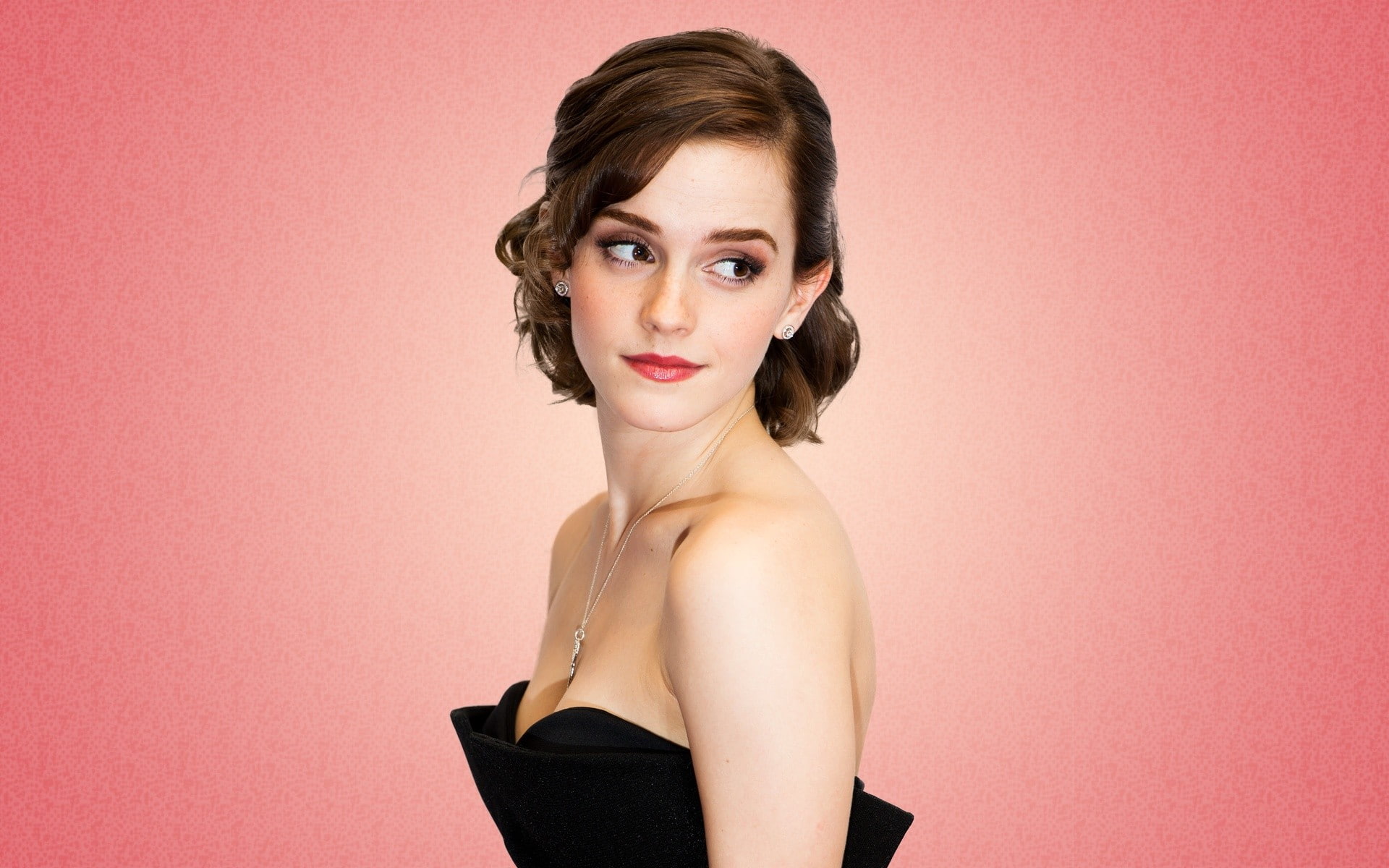 Emma Watson women brunette actress pink background cleavage