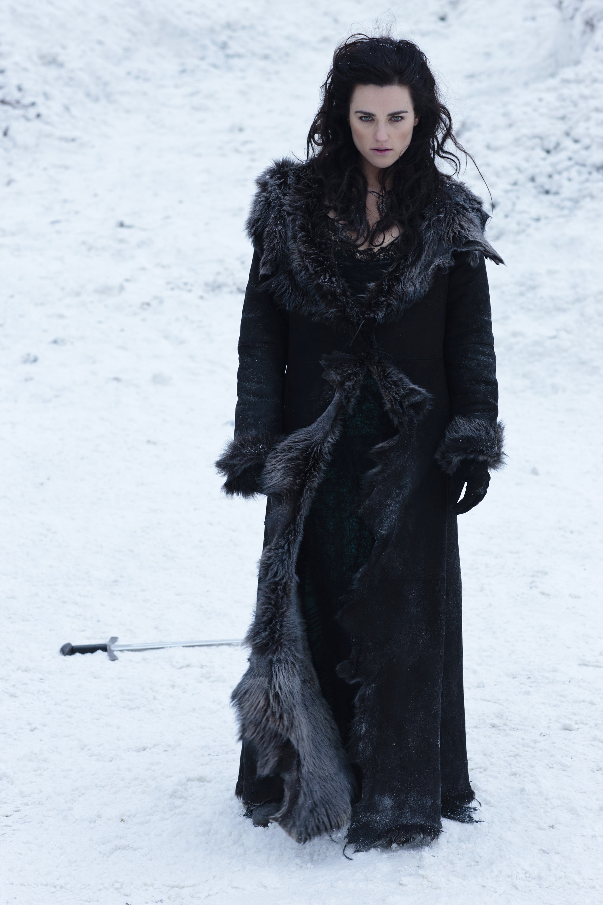 Katie McGrath women actress brunette green eyes snow standing 2k