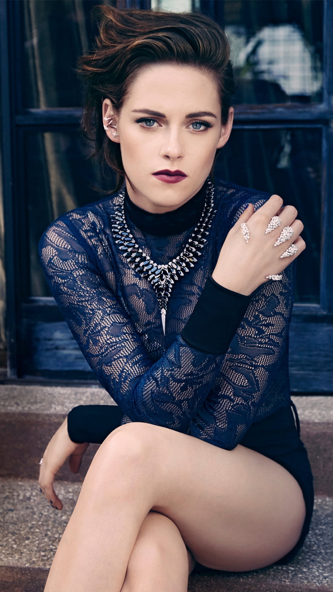 Kristen Stewart Marie Claire women's blue long sleeved dress 89