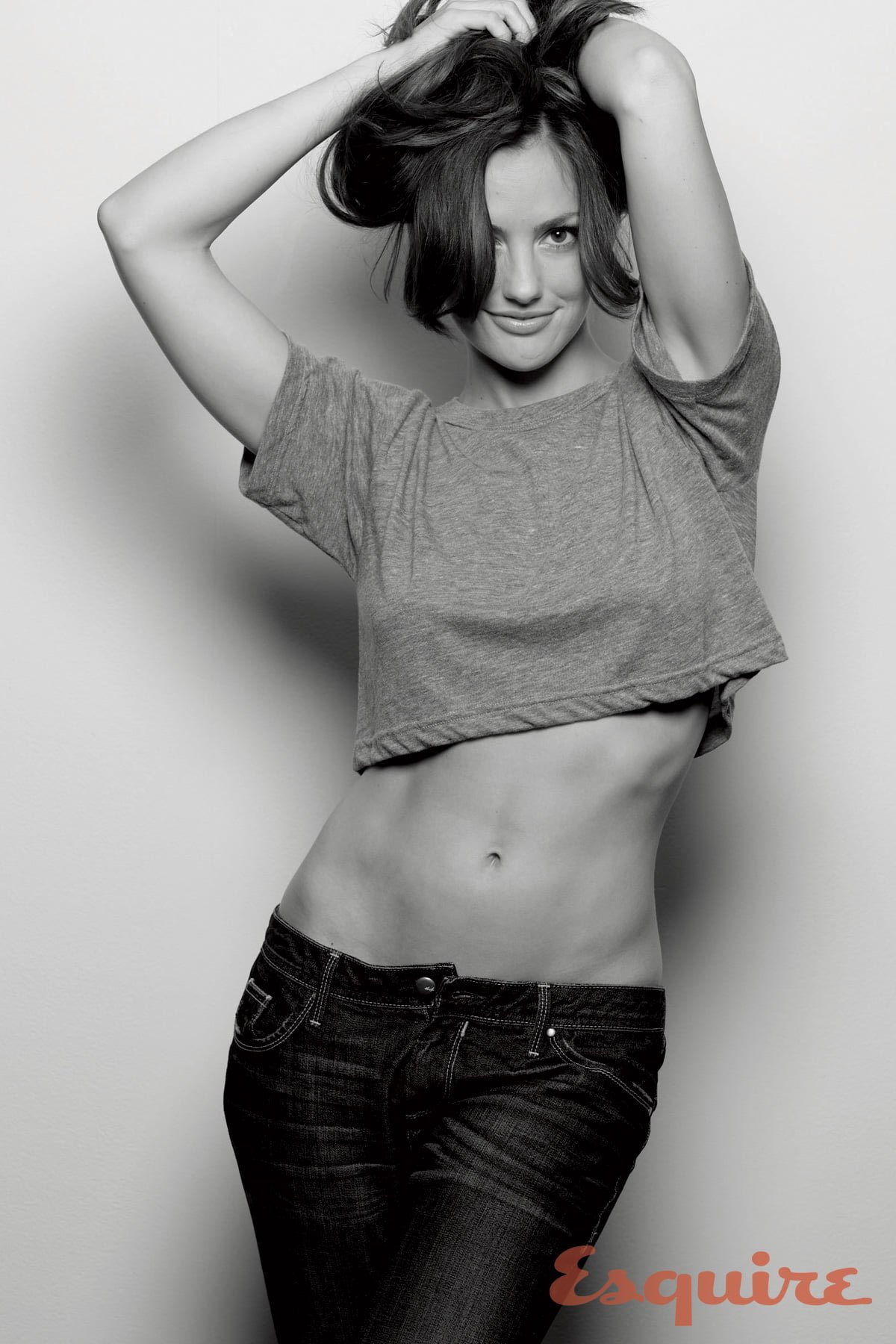 Minka Kelly actress women brunette monochrome jeans simple background