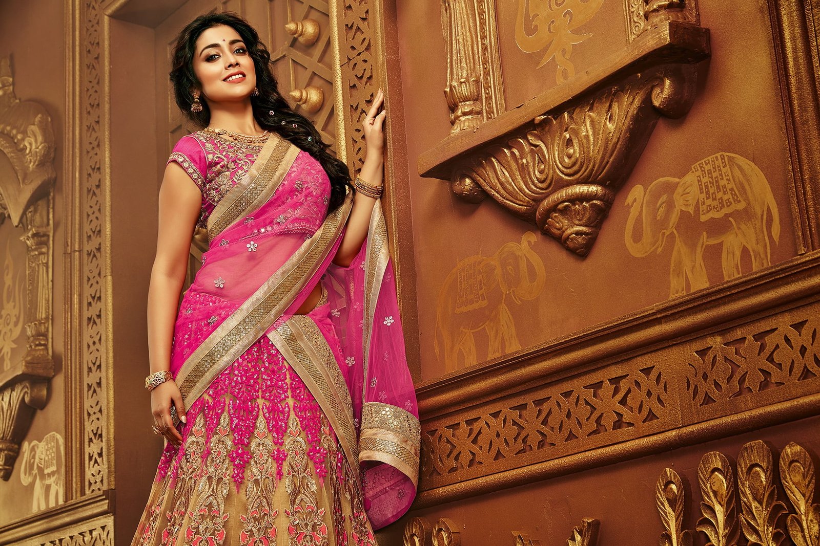 model women Bollywood actresses red lipstick smiling saree