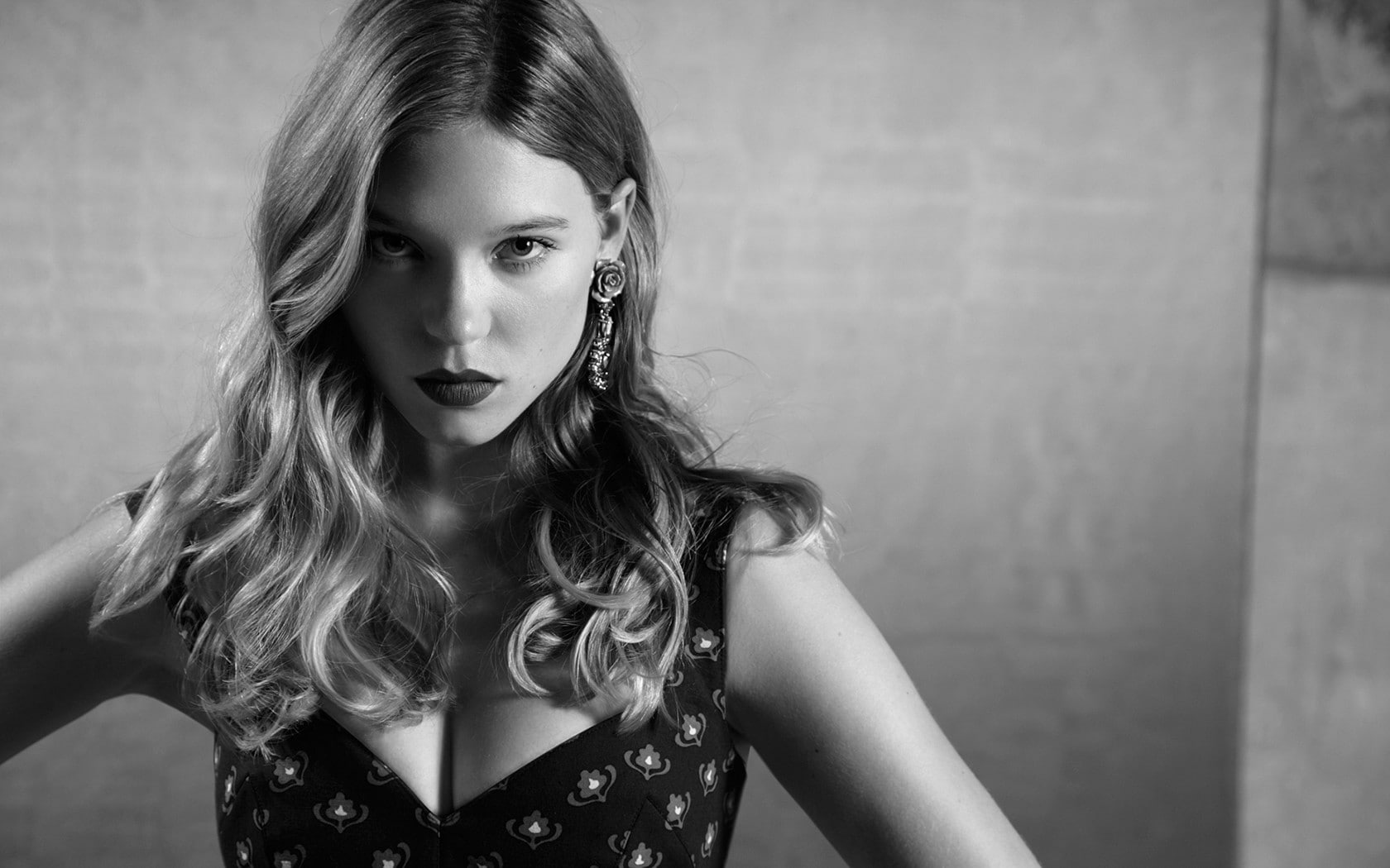 lea seydoux actress auburn hair women celebrity monochrome looking at viewer cleavage