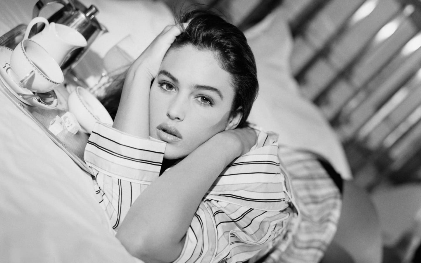 Monica Bellucci In Black And White women's striped long sleeved top
