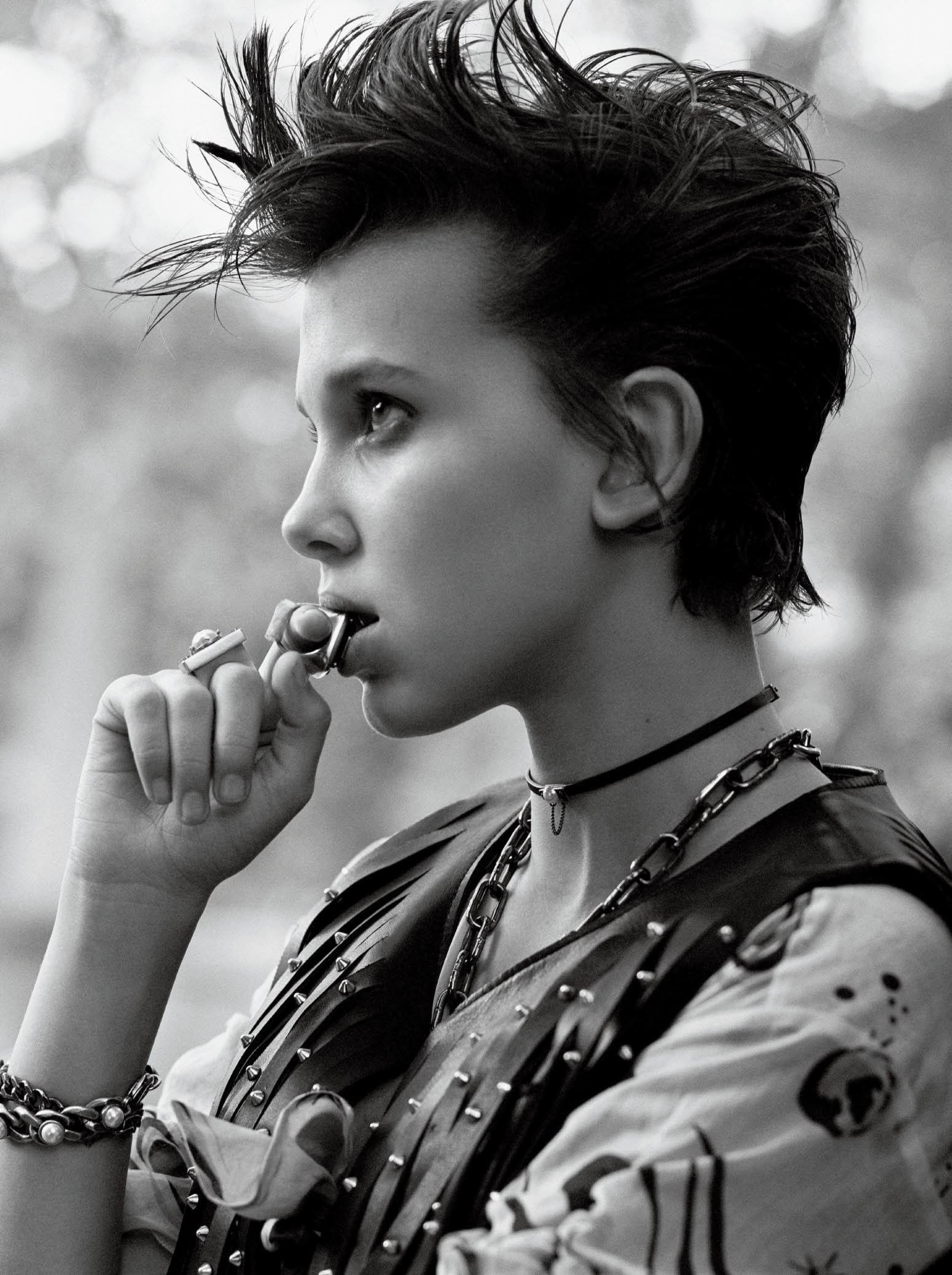 monochrome Millie Bobby Brown profile actress dark hair