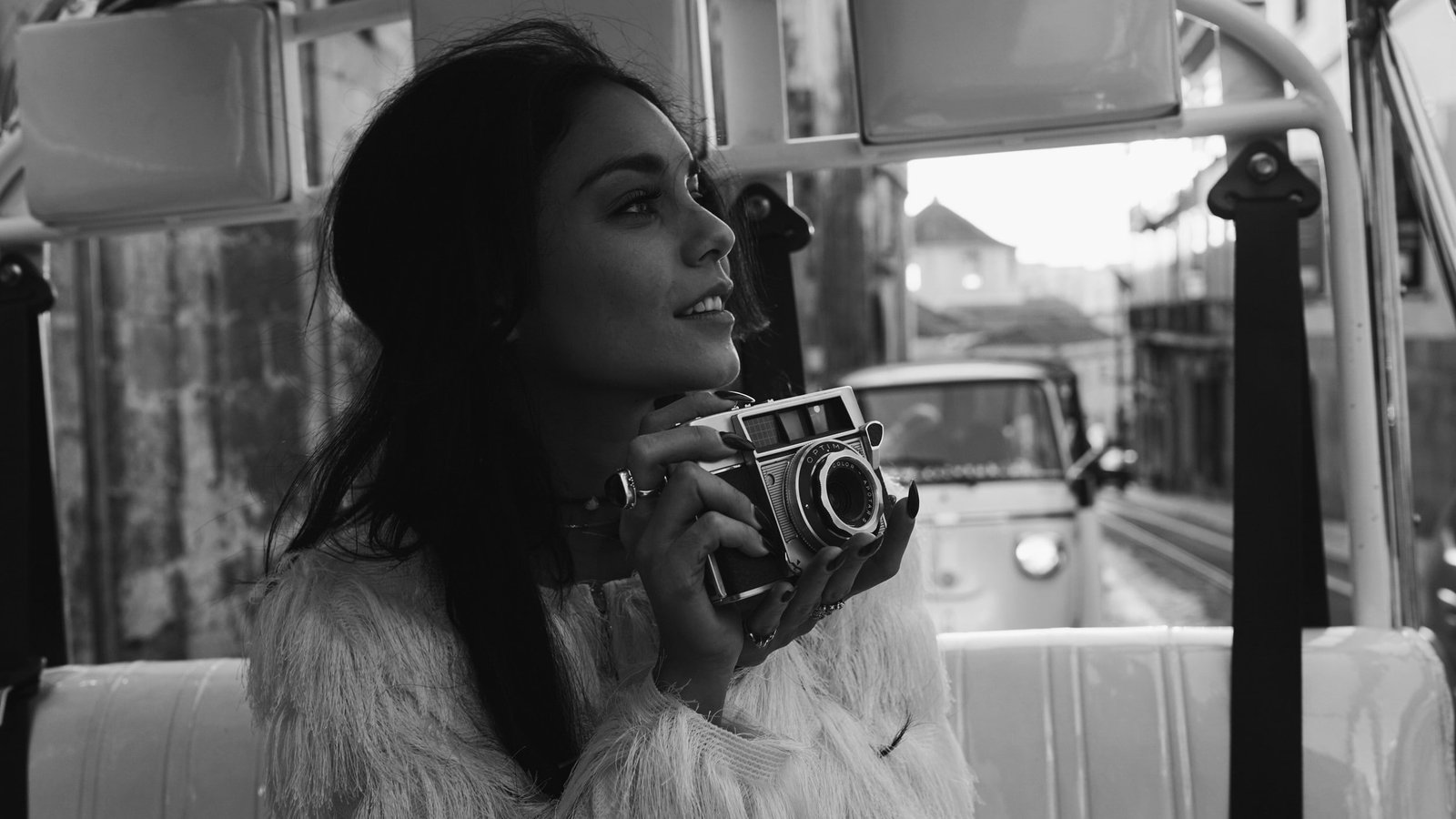 monochrome women camera model Vanessa Hudgens actress 2k