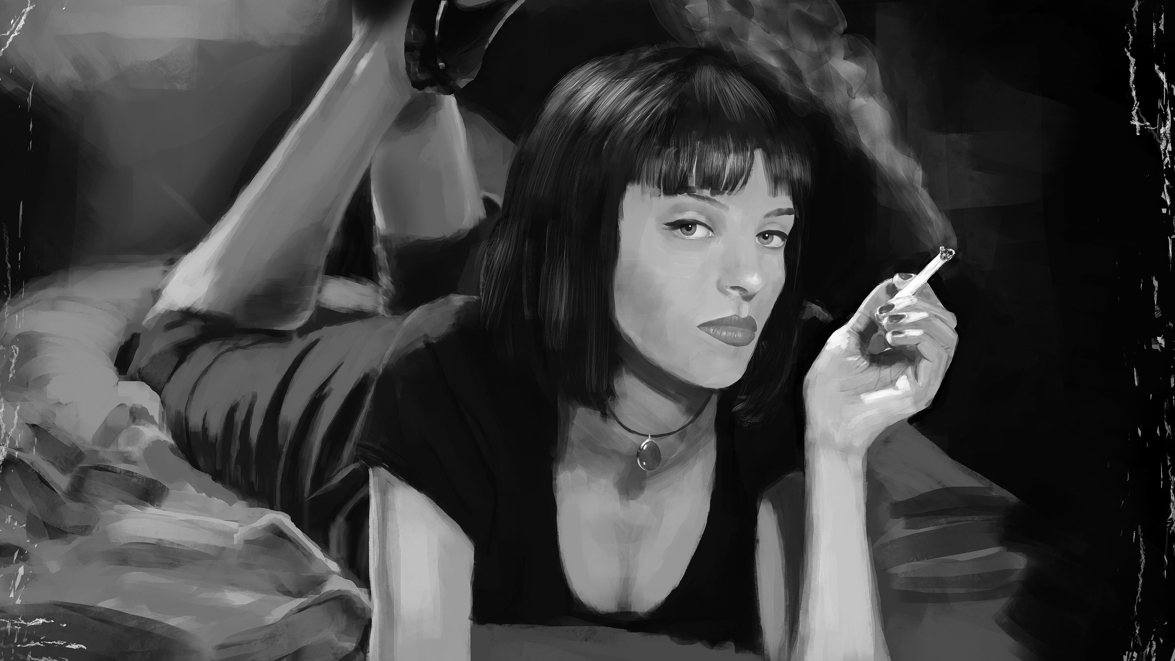 movies Pulp Fiction Uma Thurman artwork monochrome painting 2k