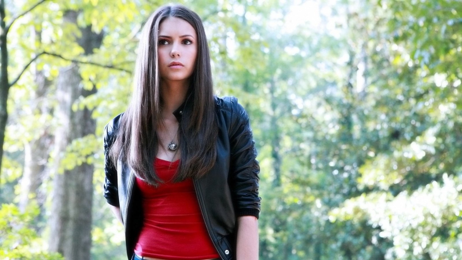 Nina Dobrev brunette actress women necklace leather jackets
