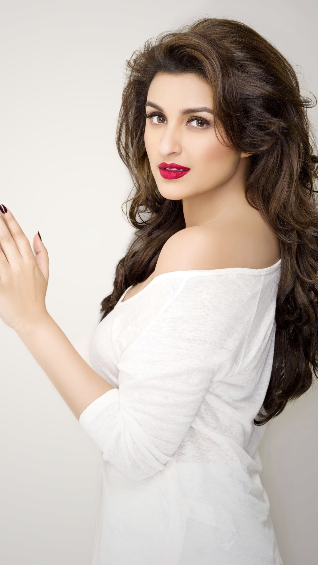 Parineeti Chopra Red Lips women's white off shoulder shirt Female Celebrities 40