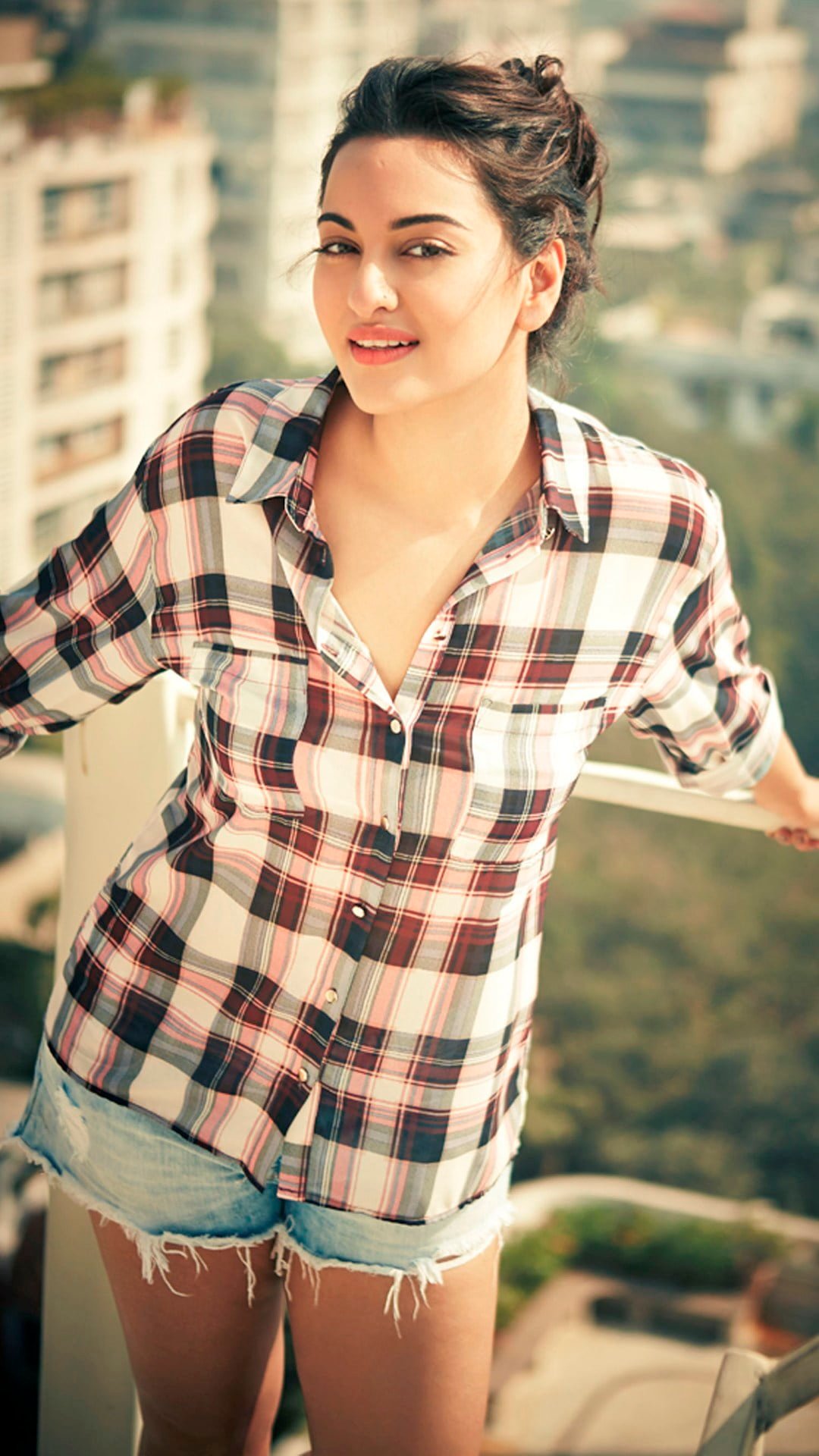 Sonakshi Sinha In Chex Shirt women's white red and black plaid dress shirt