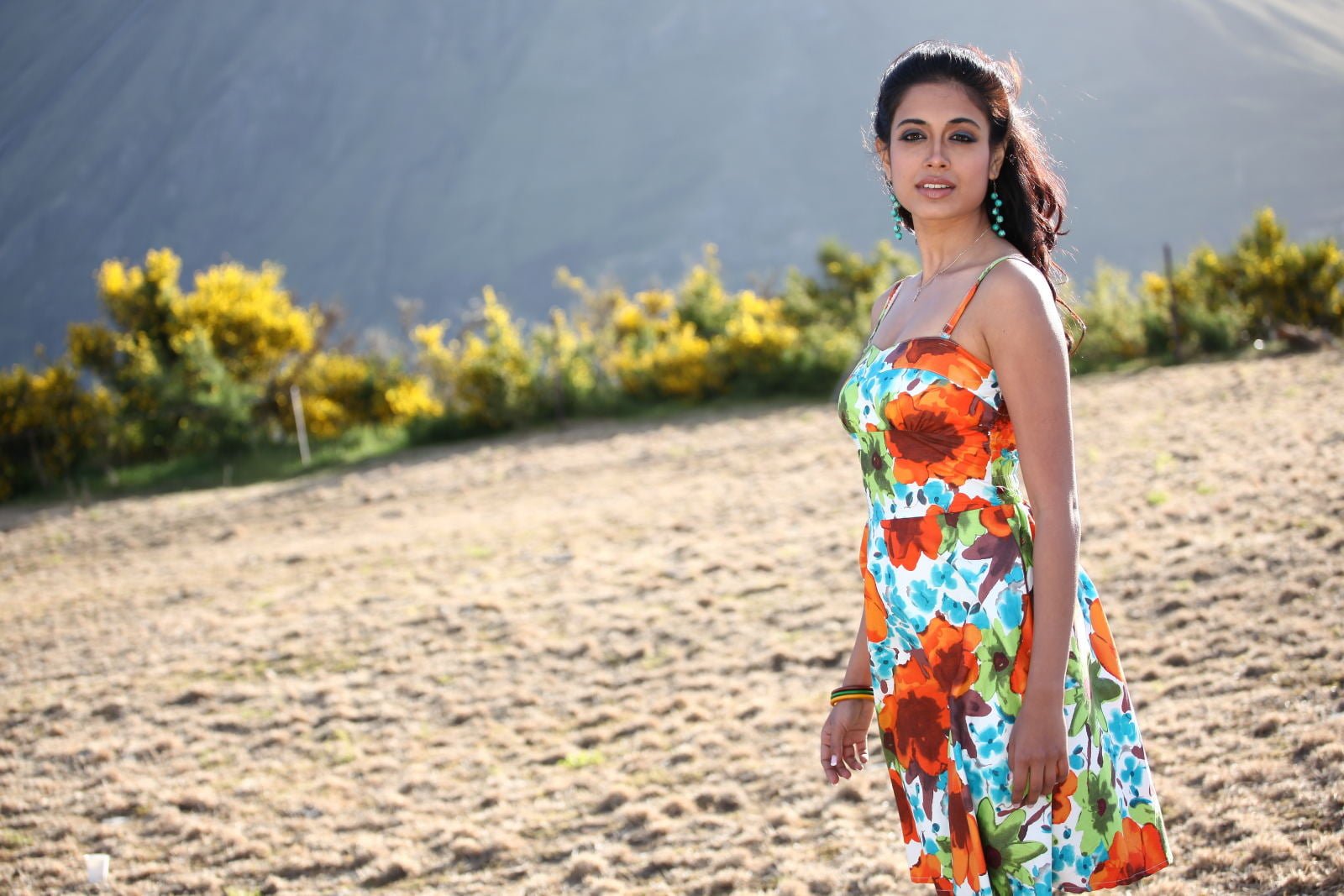 Sarah Jane Dias Cute women's orange green and blue floral spaghetti strap sundress
