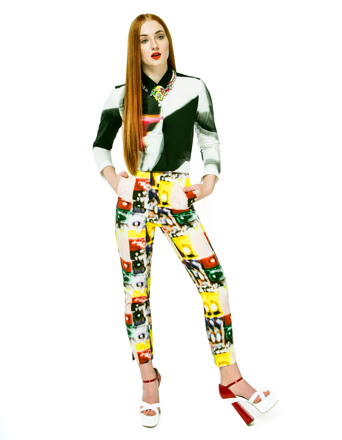 Sophie Turner redhead actress blue eyes white background