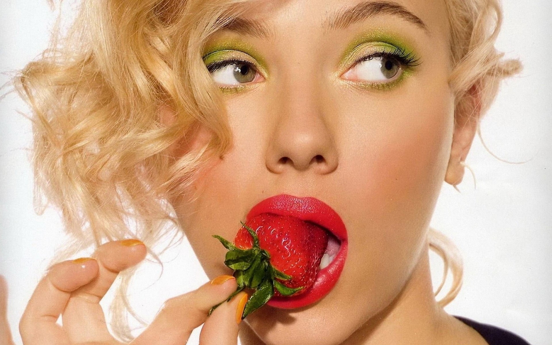 women face blonde strawberries Scarlett Johansson model
