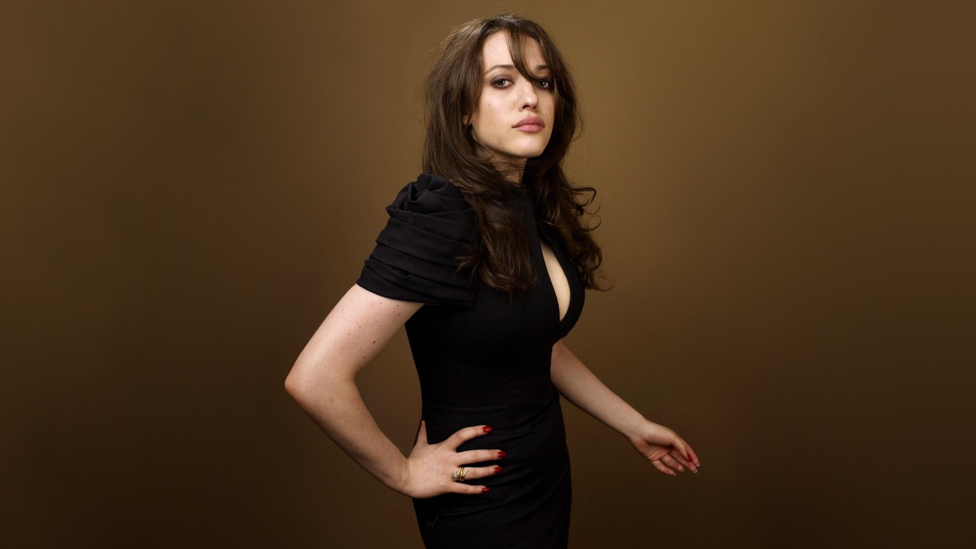 women's black dress Kat Dennings brunette actress brown background