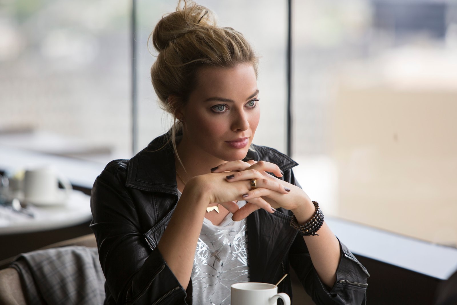 women's black leather jacket margot robbie actress blonde 2k 4k 5k