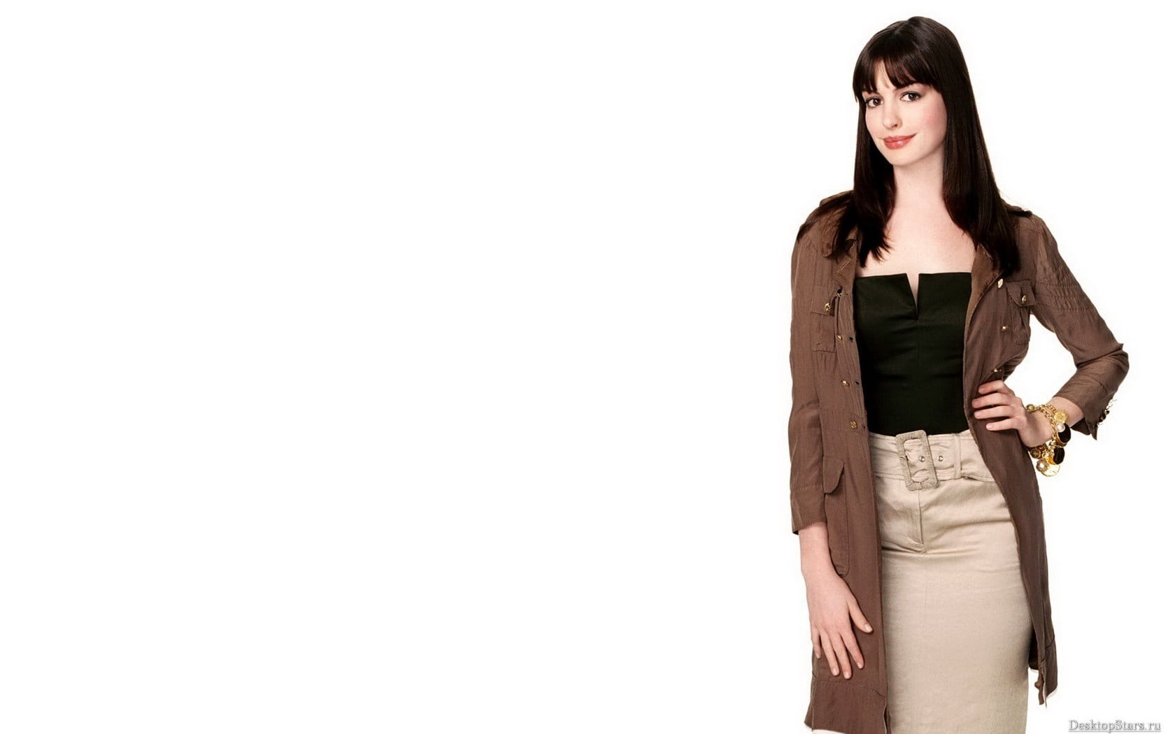 women's brown coat Anne Hathaway actress long hair simple background