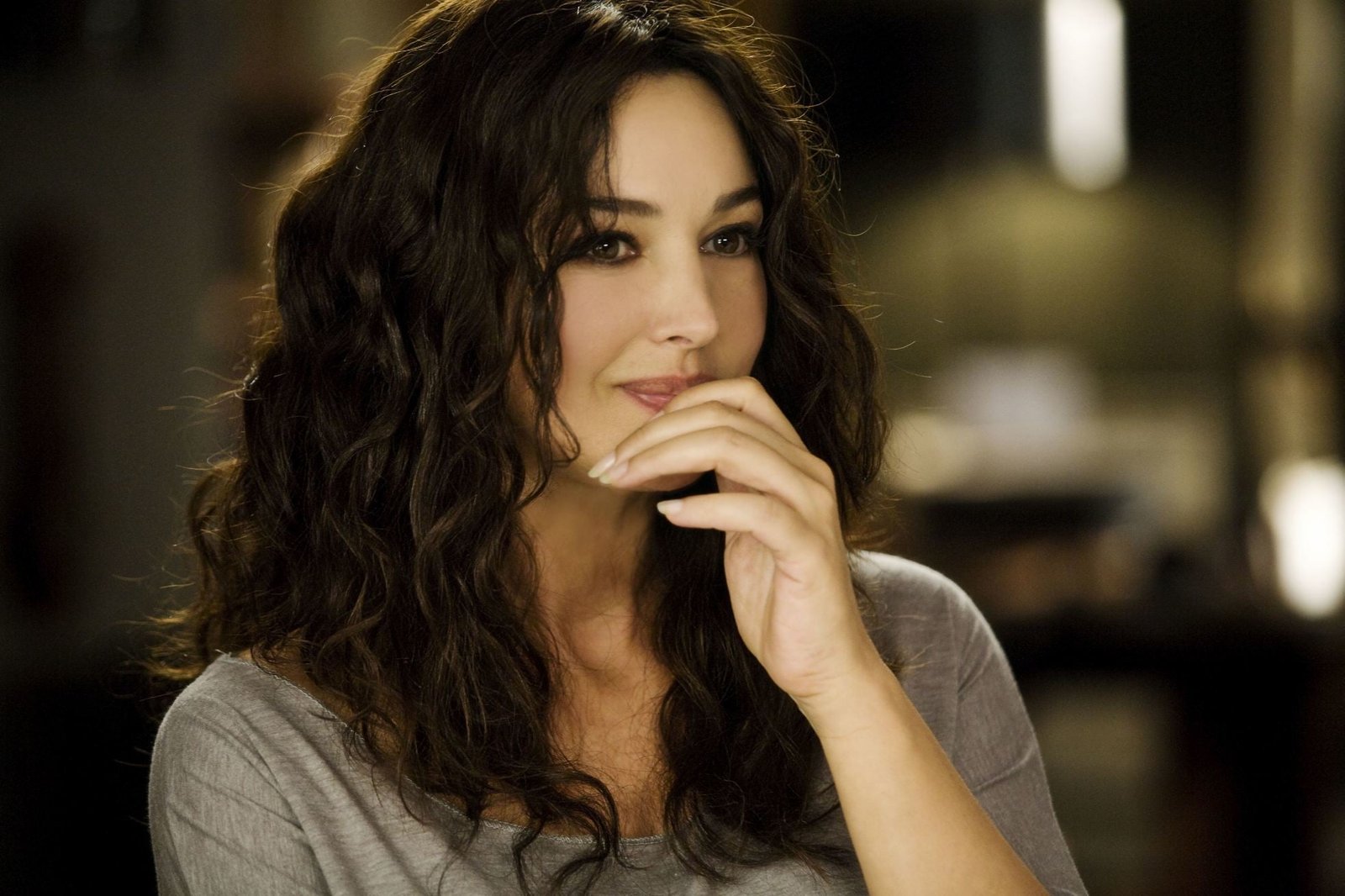 women's gray scoop neck top actress brunette Monica Bellucci