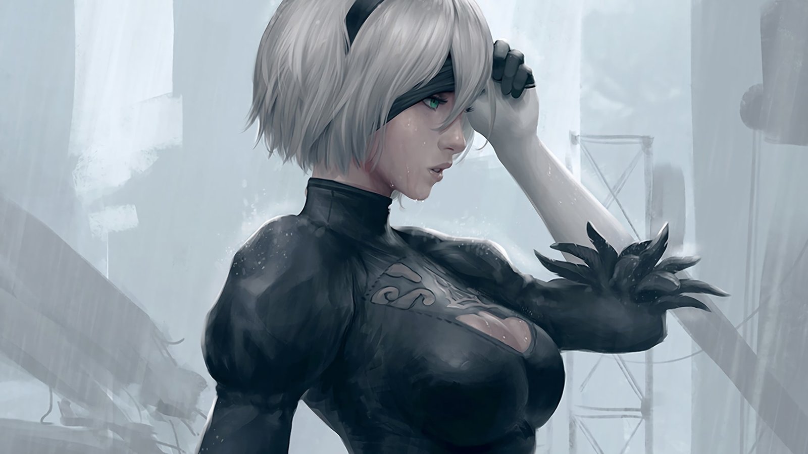 digital art blue eyes Nier Automata cleavage video games 2k