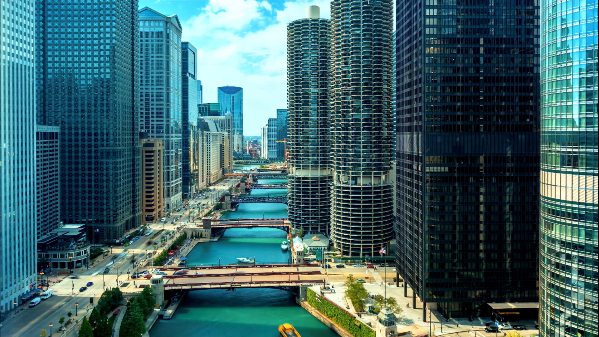 city canal car skyscraper cityscape sky blue 2k