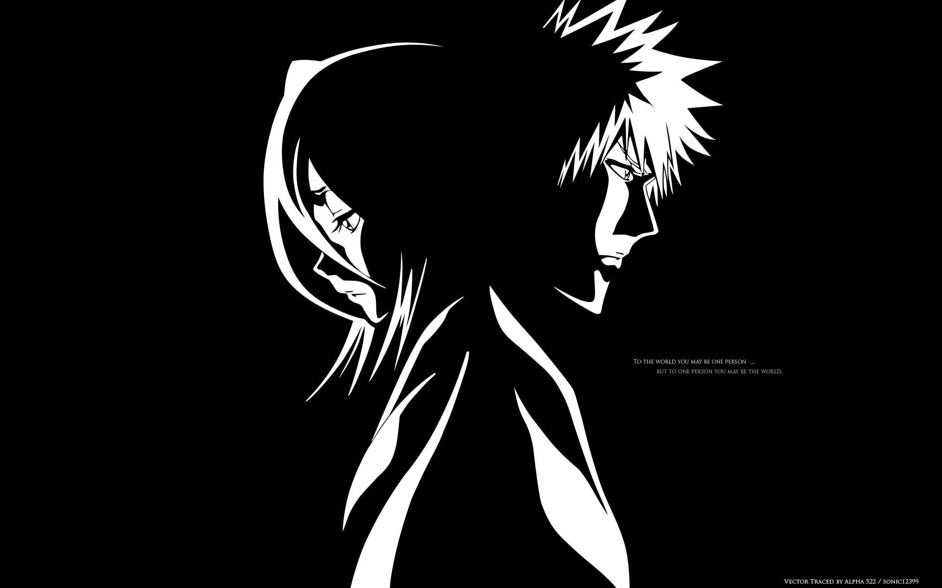 black and white anime illustration Bleach Kurosaki Ichigo Kuchiki Rukia 2k