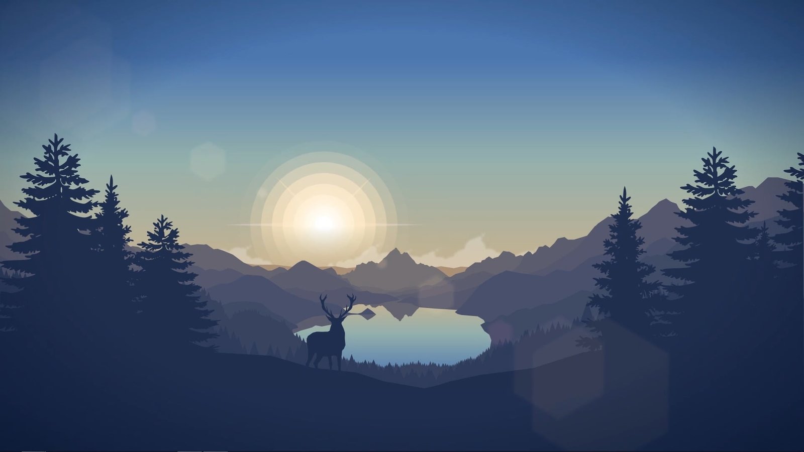 lake surrounded by mountains graphic wallpaper landscape deer 2k