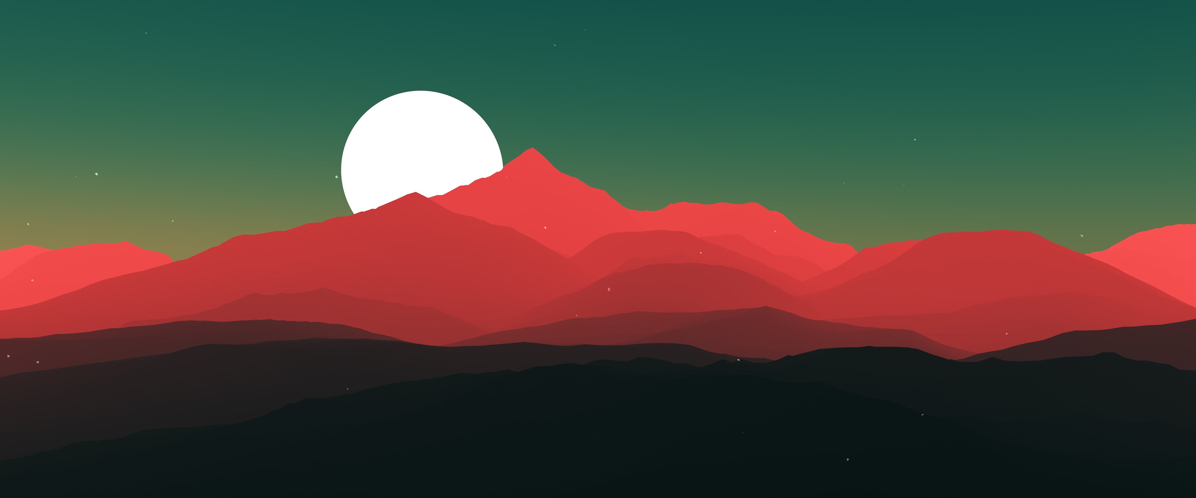 red and black mountains with white moon illustration minimalism 2k 4k